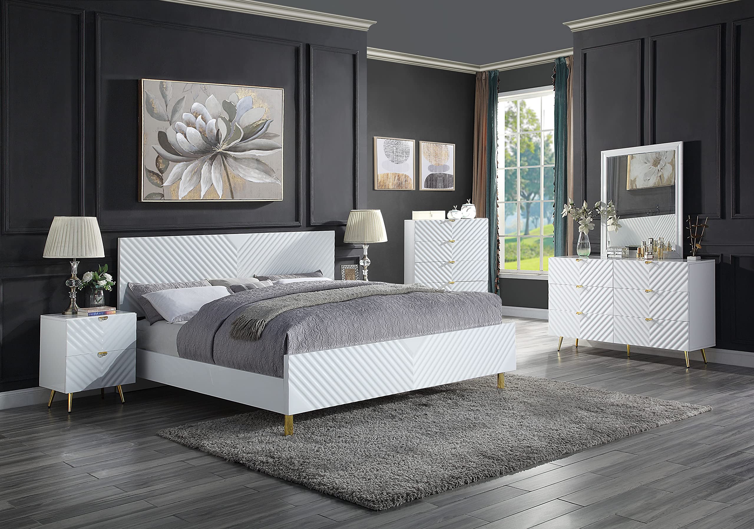 Acme Gaines Queen Size Bed Frame - White High Gloss Finish Modern Platform Bed for Bedroom, Guest Room & Apartment