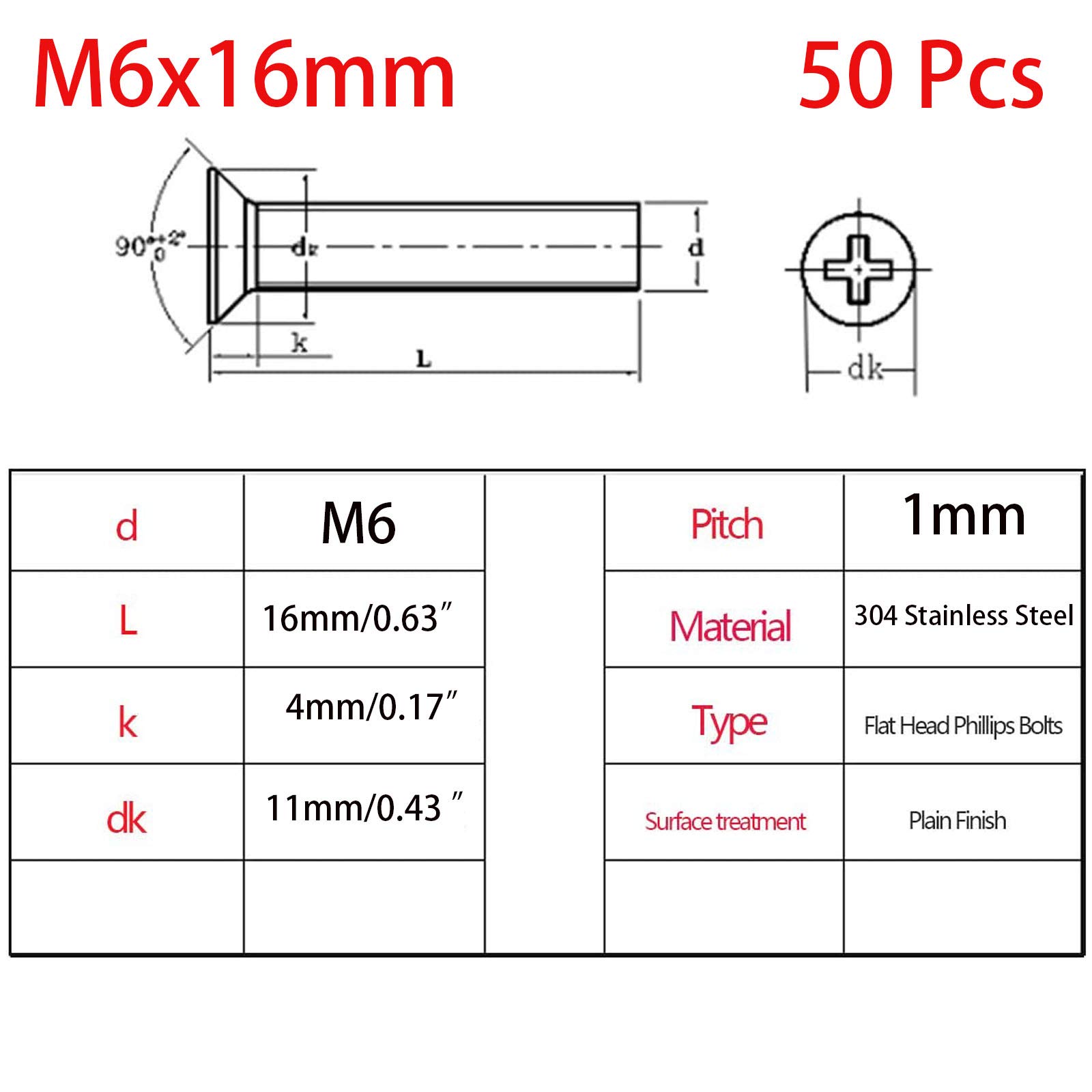 50 Pcs M6-1x16mm 304 Stainless Steel Flat Head Phillips Machine Screws for Furniture & Electronics
