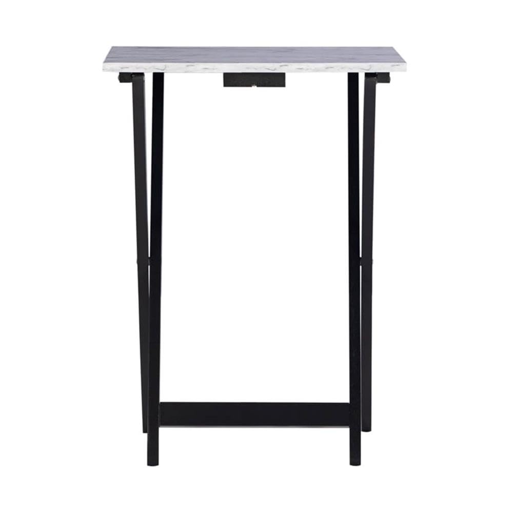 Pemberly Row 5-Piece Marble Folding Tray Table Set with Stand in White and Black - Perfect for Living Room, Bedroom, or Outdoor Entertaining