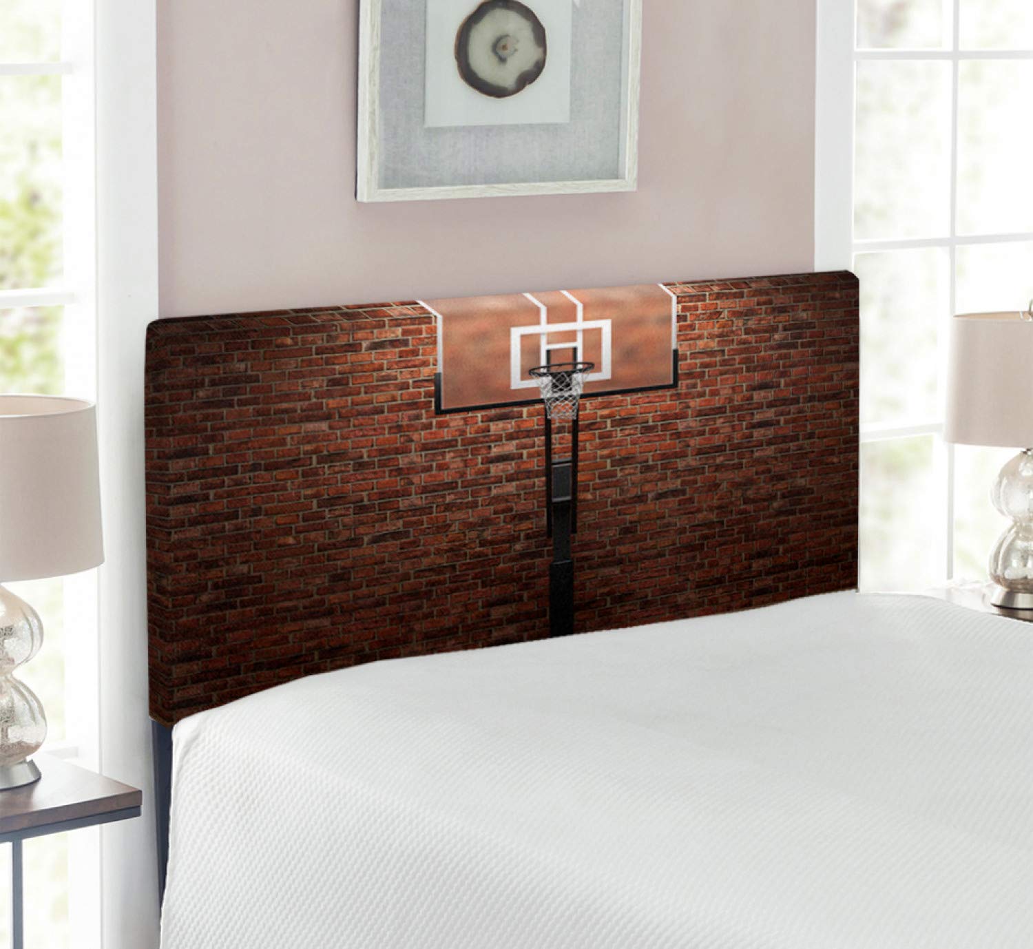 Ambesonne Basketball Headboard - Vintage Brick Wall & Hoop Design for Indoor Training, Twin Size Upholstered Metal Bed Frame with Memory Foam, Brown | Perfect for Sports-Themed Bedrooms & Game Rooms