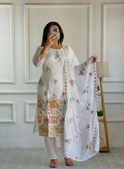 White Roman Silk Rajasthani Embroidered Salwar Suit Set for Women | Traditional Indian Ethnic Wear | Perfect for Weddings, Festivals & Special Occasions