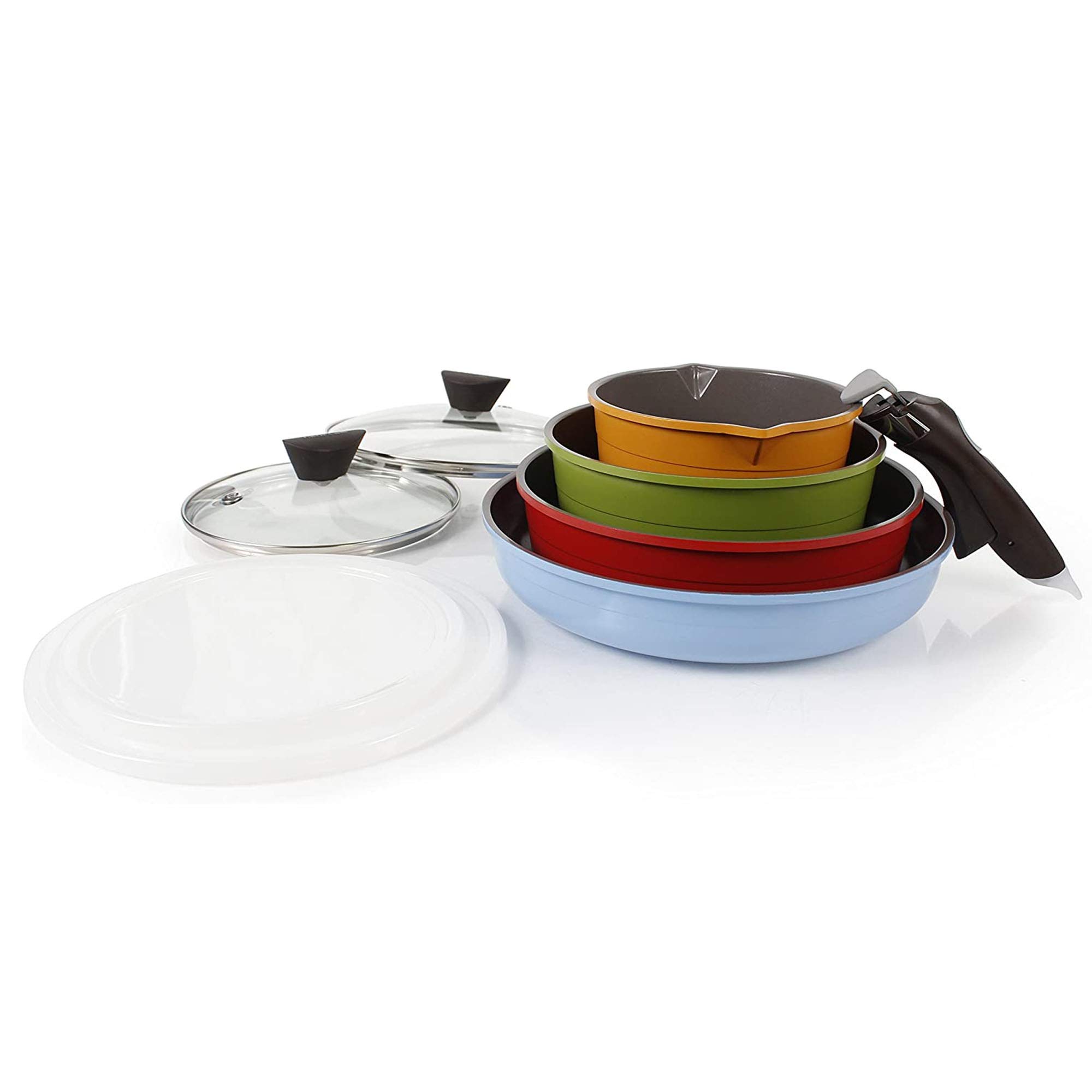 Neoflam Midas 9-Piece Nonstick Ceramic Cookware Set | PFOA-Free Pots & Pans with Saucepan, Frying Pan & Oven-Safe Stove Pot | Tempered Glass Lids & Detachable Handle | Space-Saving Kitchenware for Everyday Cooking, Baking & Meal Prep