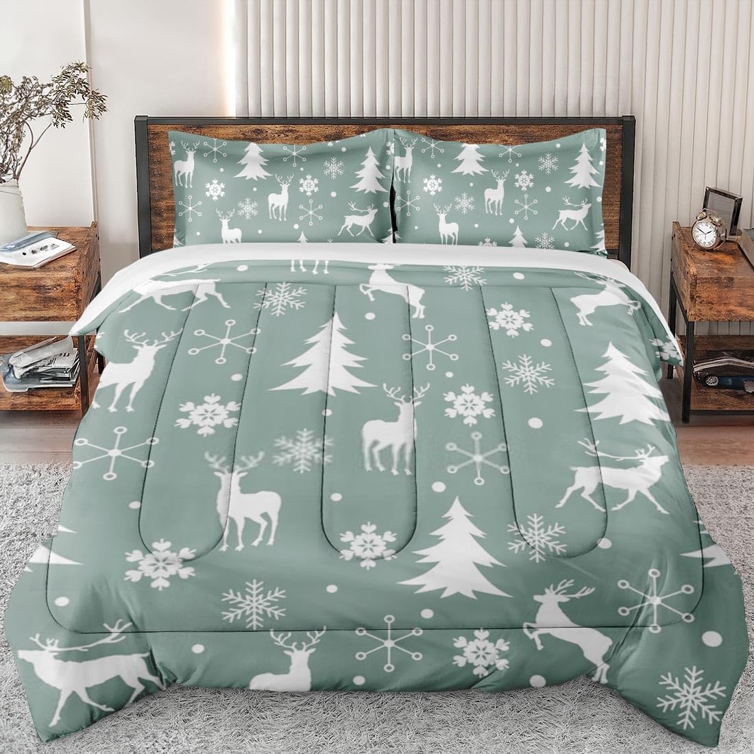 King Size Christmas Reindeer Deer Tree Soft Comforter Set - Winter Animal Snow Bedding for Kids & Adults with 2 Pillowcases | Cozy Bedroom Decor for Holiday Season & Winter Nights