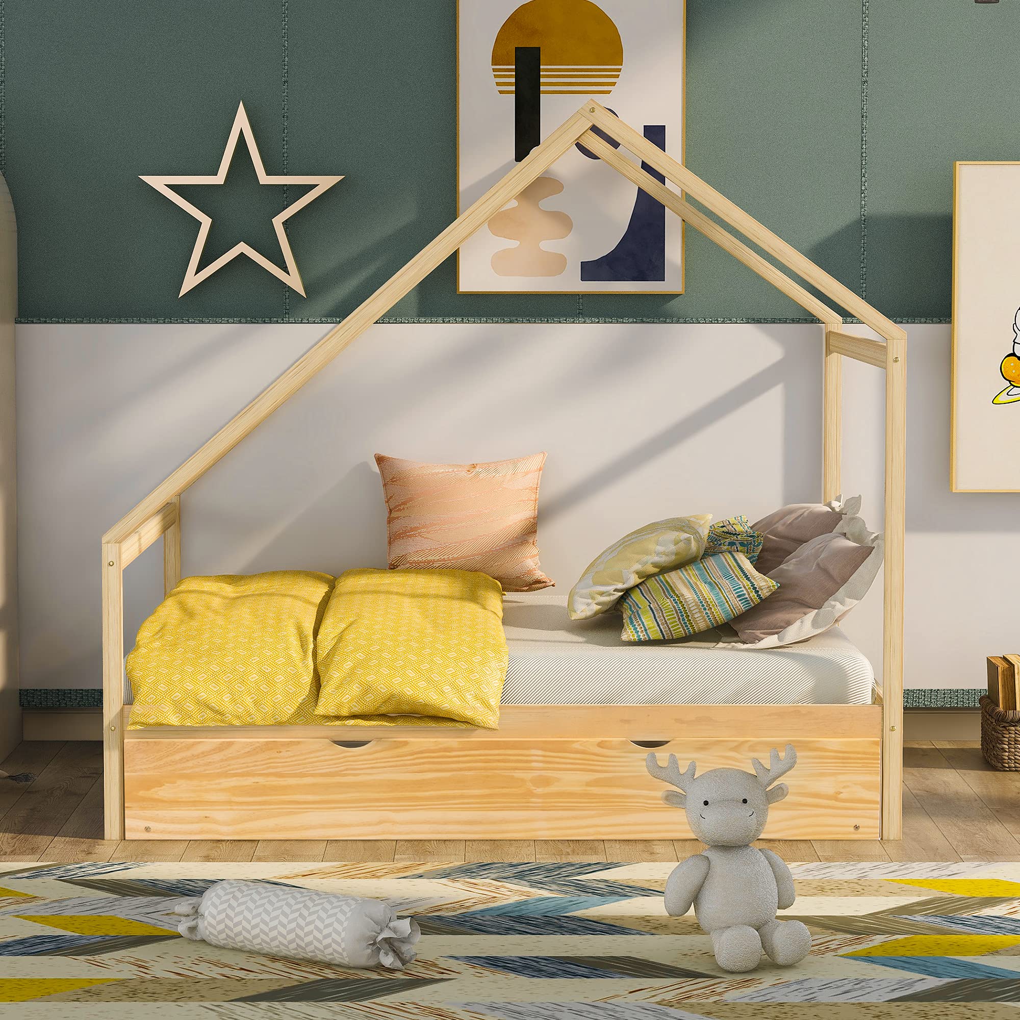 Solid Wood Full Size House Bed with Twin Trundle - Daybed & Sofa Bed Frame with Roof for Kids, Teens & Toddlers | Natural Wood Finish | Perfect for Bedrooms, Playrooms & Guest Rooms