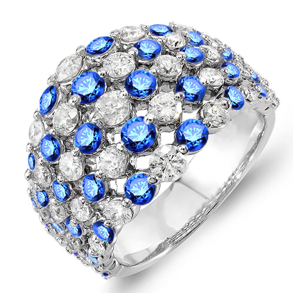 18K Solid White Gold Round Blue Sapphire & White Diamond Women's Cocktail Ring - Elegant Right Hand Ring for Parties, Weddings & Special Occasions | Dazzlingrock Collection