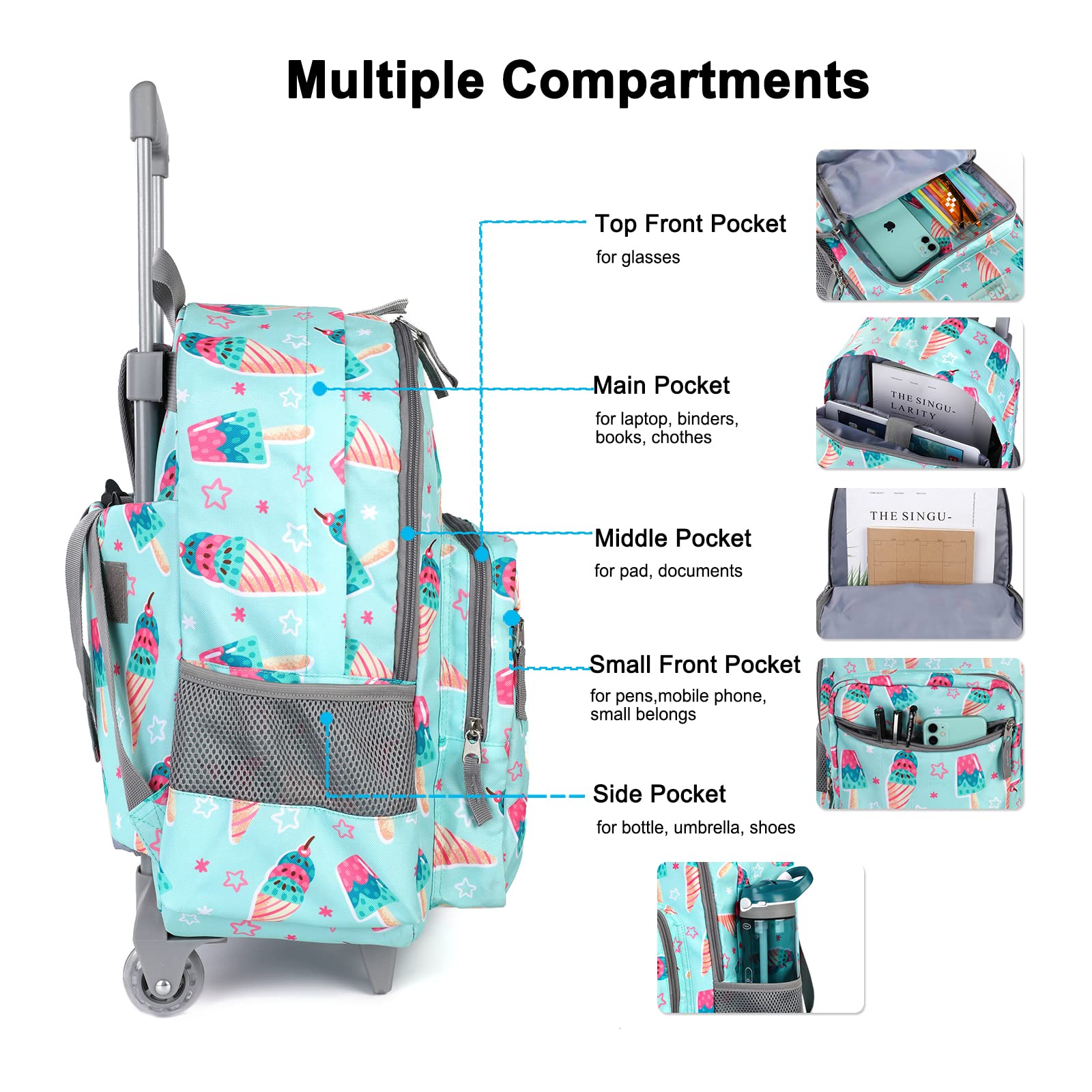 Tilami 18 Inch Rolling Backpack for Kids with Double Handle & Lunch Bag - Wheeled School Backpack, Ice Cream Green - Perfect for School, Travel, and Daily Commute
