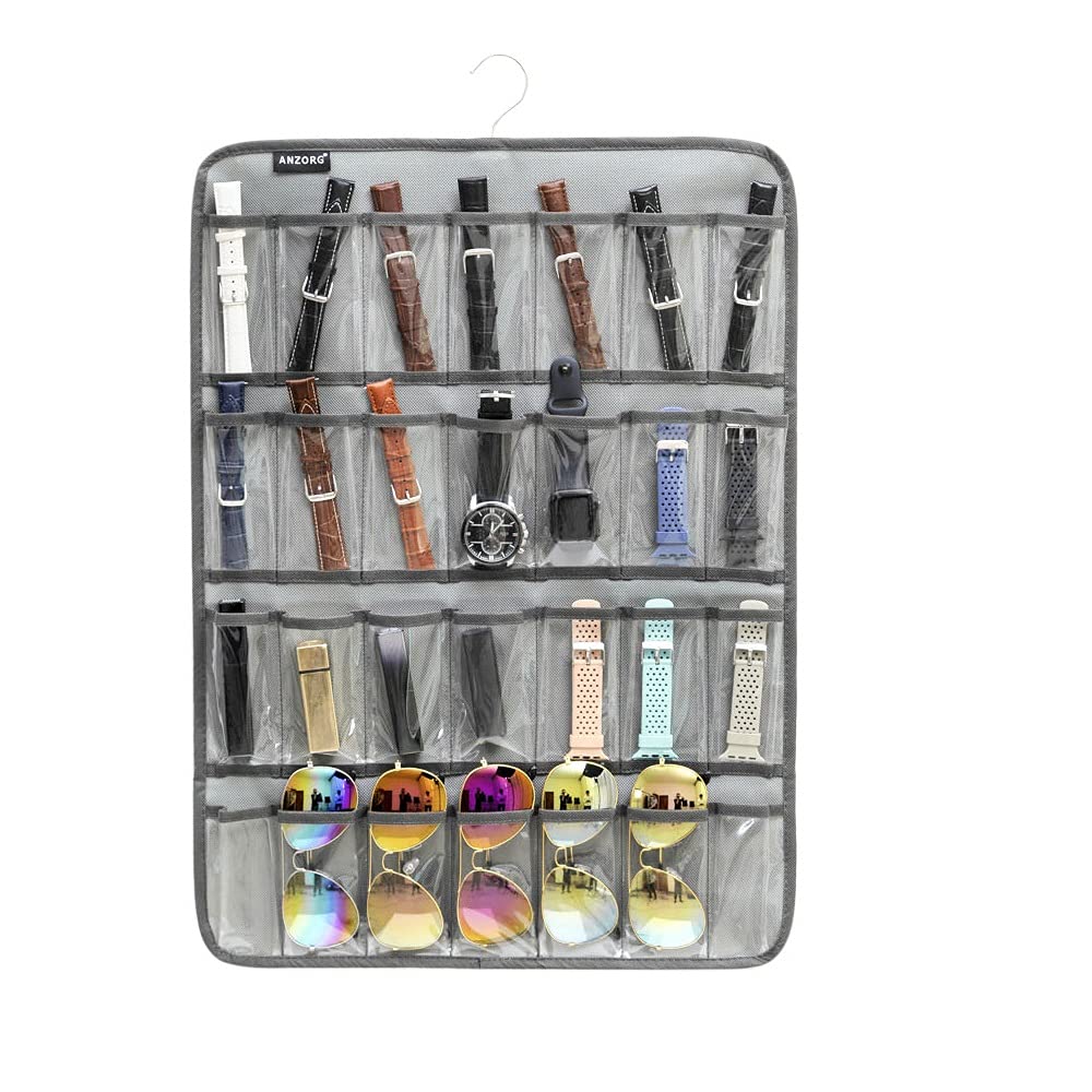 28-Pocket Clear Hanging Watch Band Organizer - Grey Watch Straps Storage & Display Case for Watches Accessories | Perfect for Home, Travel & Retail Store Organization