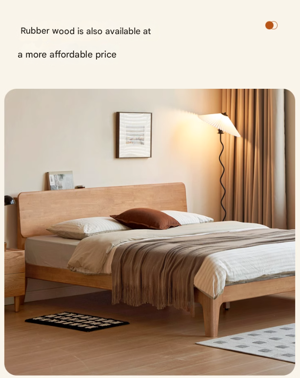Solid Oak Rubber Wood Bed - Modern Nordic Style Queen/King Size Bed Frame for Bedroom, Living Room & Guest Room