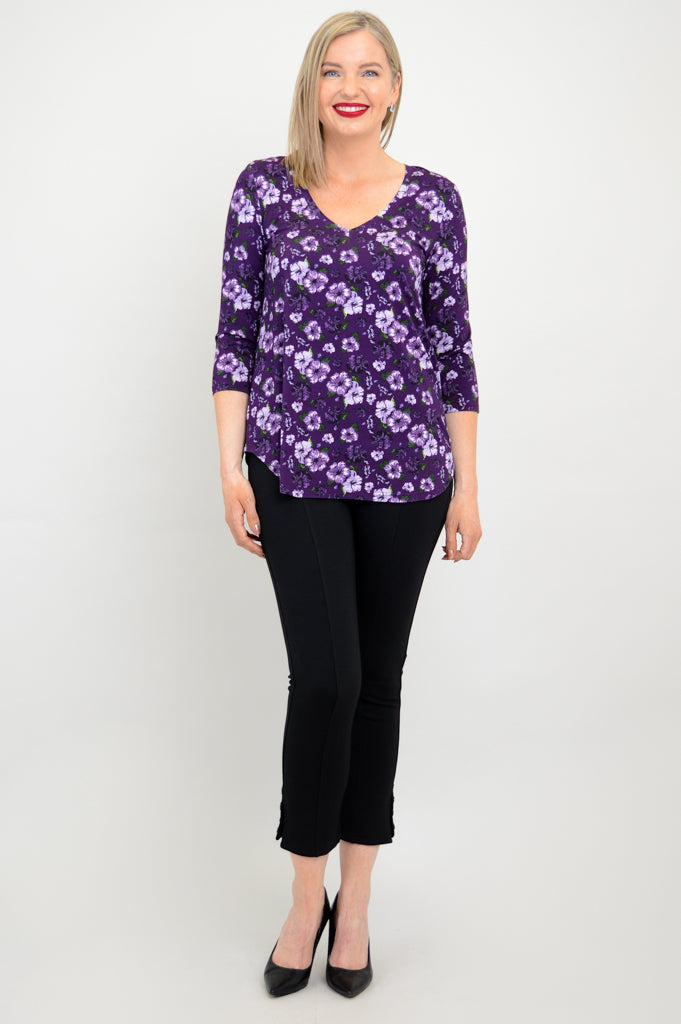 Jackie 3/4 Sleeve Bamboo Top with Hibiscus Print - Women's Comfortable & Breathable Shirt for Yoga, Beach & Summer Outfits