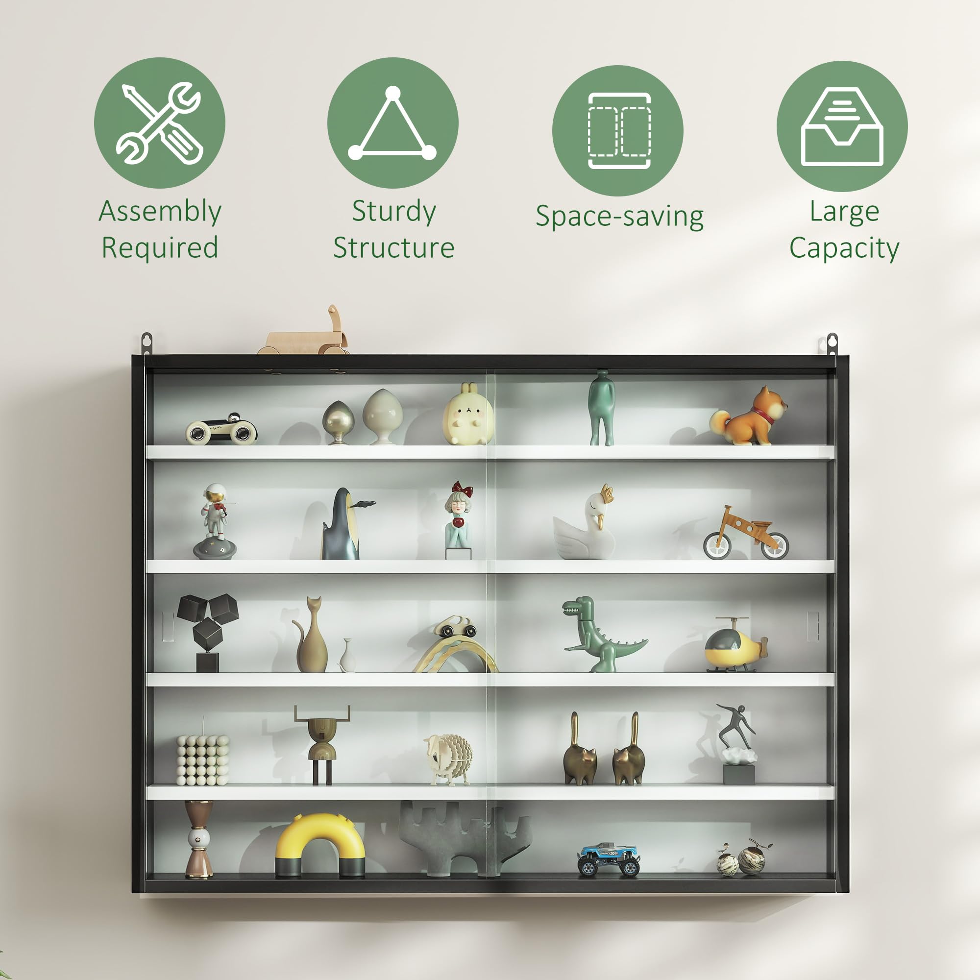 HOMCOM 5-Tier Glass Door Display Cabinet with Adjustable Shelves - Wall Mounted Storage Case for Toys, Collectibles & Home Decor - Perfect for Playroom, Bedroom, Living Room & Office (Black & White)