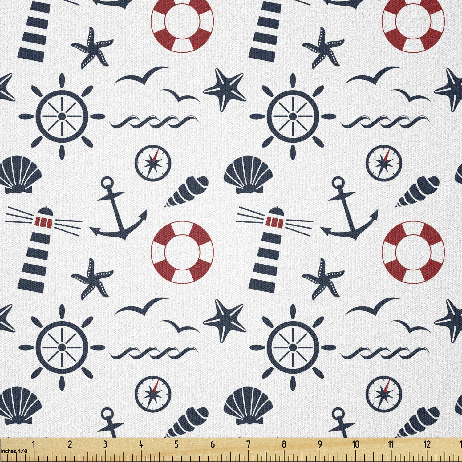 Ambesonne Lighthouse Nautical Fabric by The Yard - Stretch Knit Material for Clothing Sewing & Craft Projects (3 Yards, Indigo Red White) | Perfect for DIY Dresses, Home Decor & Quilting