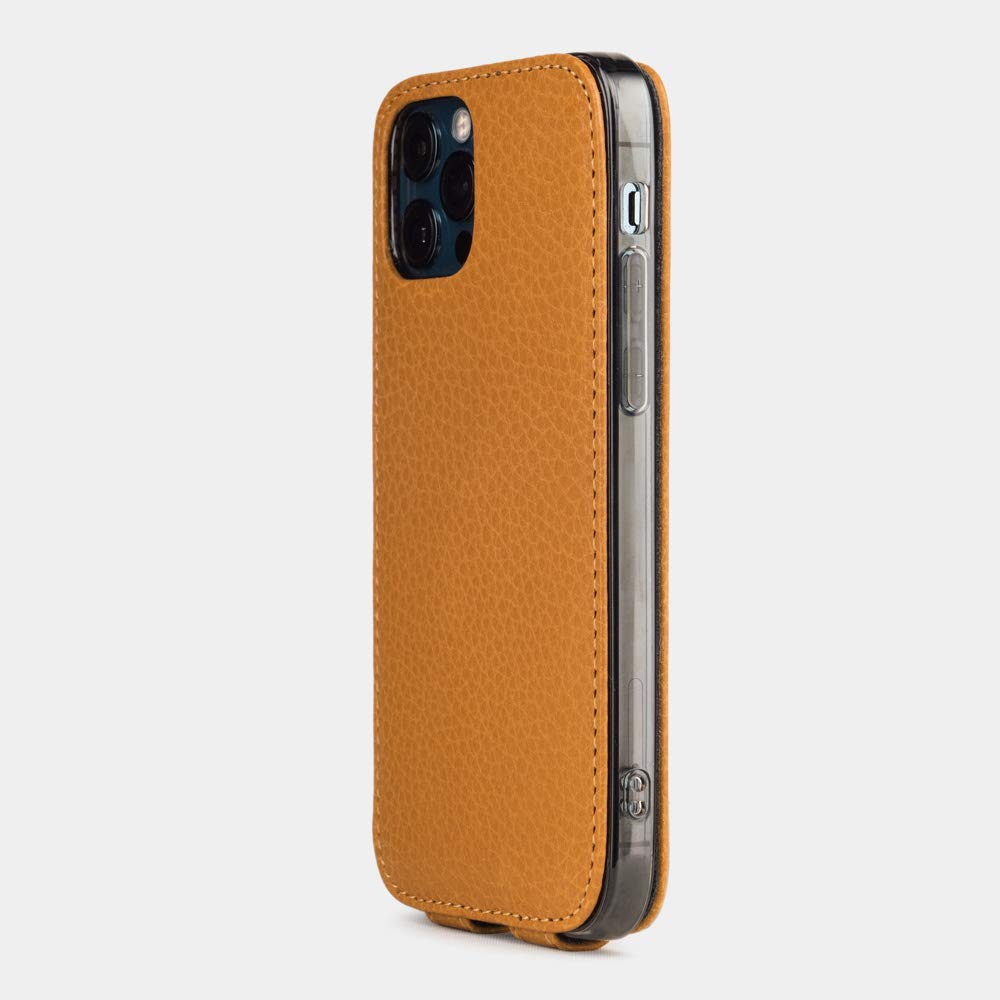 Premium Genuine Leather Flip Case for iPhone 12 Pro Max - French-Made Luxury Protective Cover with Patented Design (Gold) - Perfect for Business Professionals & Everyday Elegance