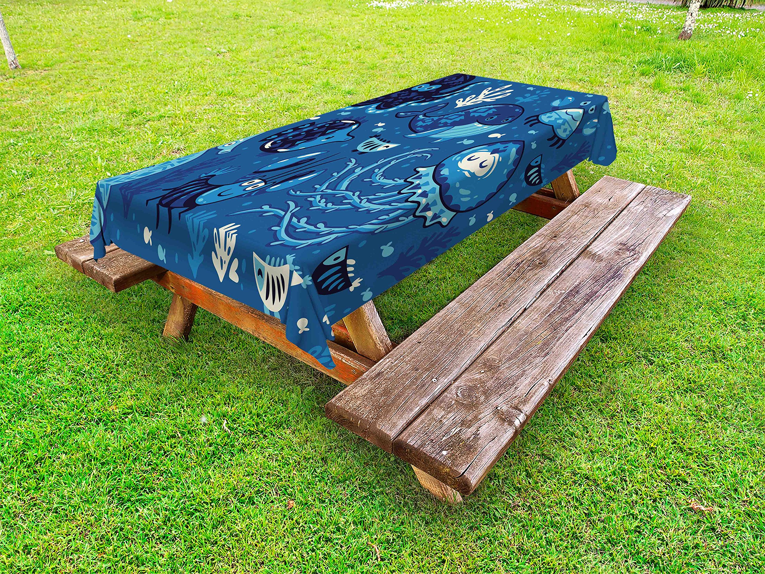 Lunarable Ocean Themed Outdoor Tablecloth – Cartoon Whale, Fish & Octopus Design, Waterproof Washable Picnic Table Cover 58x84 Inches, Blue | Perfect for Beach Parties, Backyard BBQs & Outdoor Dining