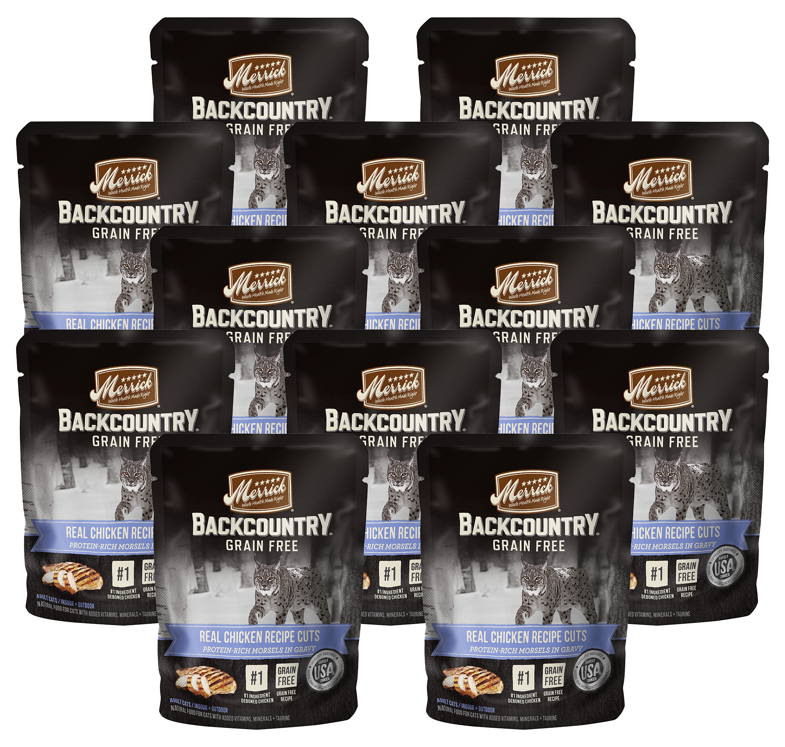Merrick Backcountry Grain Free Wet Cat Food - Real Chicken Recipe in Gravy with Added Vitamins & Minerals | High Protein Natural Cat Food for Adult & Senior Cats | 3oz Pouch (Pack of 12) - Perfect for Indoor Cats, Weight Management & Picky Eaters