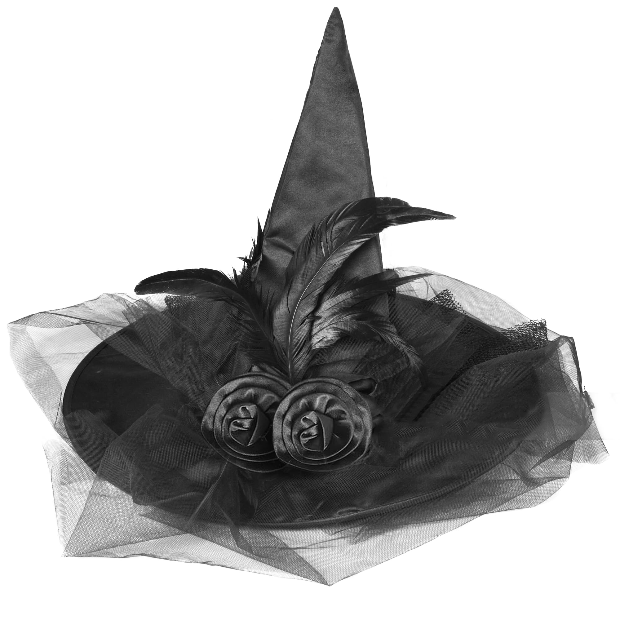 Halloween Witch Hat for Women - Black Witch Hat with Feathers & Lace Veil | Witch Costume Accessories for Women & Girls | Perfect for Halloween Parties, Cosplay & Witch-Themed Events