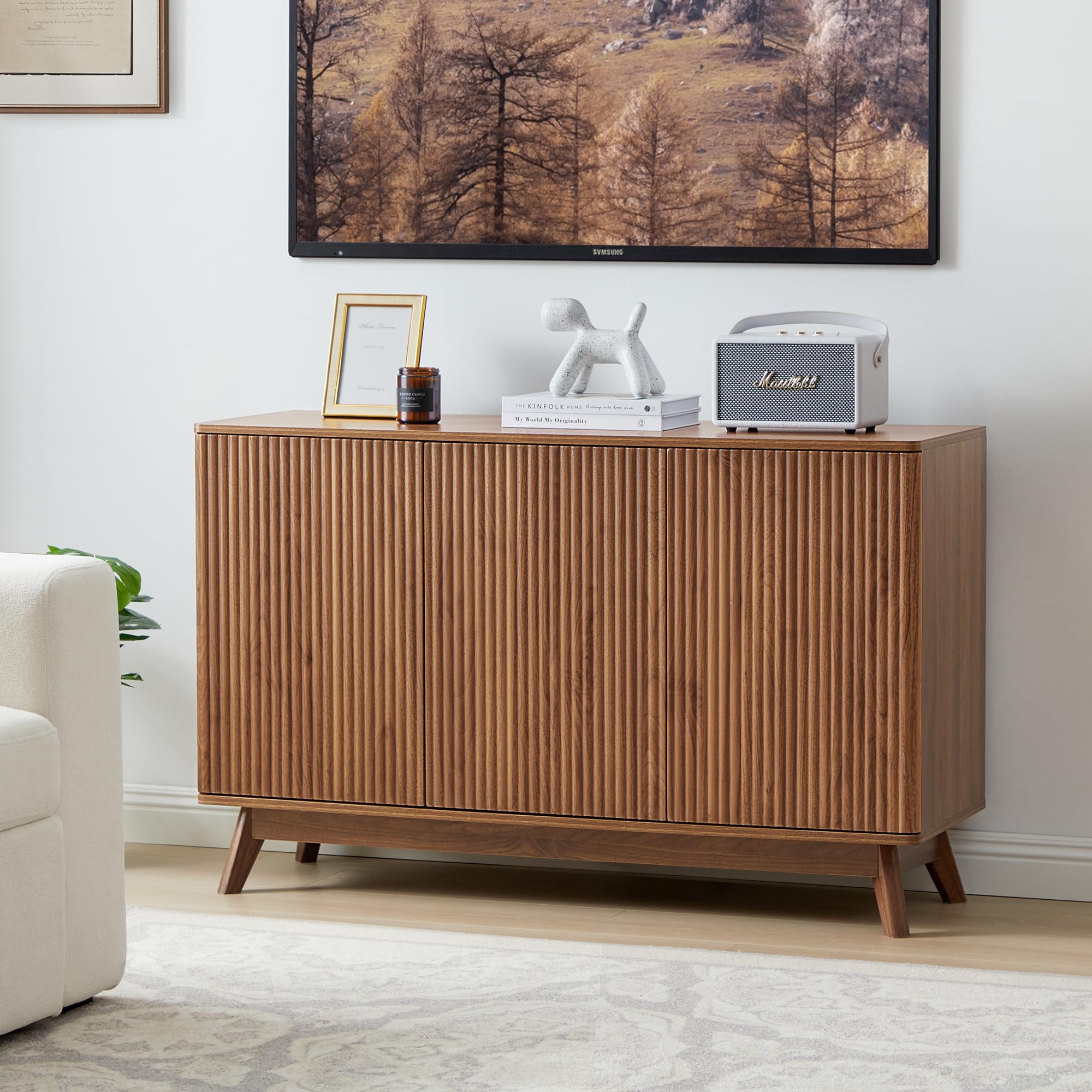 Mid Century Walnut Sideboard Cabinet - Farmhouse Fluted Credenza with 3 Doors, Long Buffet Storage for Kitchen, Dining Room, Living Room & Office | Perfect for TV Stand, Coffee Bar & Entryway Organization