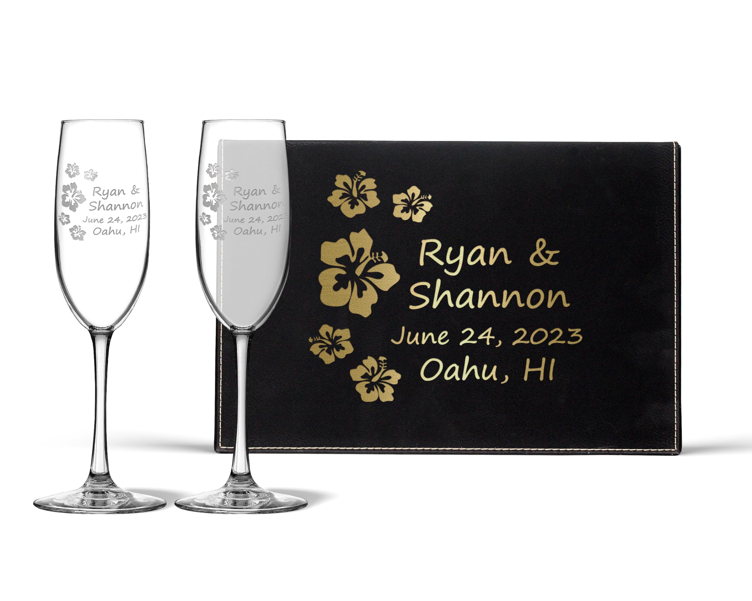 Personalized Mr and Mrs Wedding Champagne Flutes Set - Elegant Anniversary Toasting Glasses for Couples with Keepsake Box (Hibiscus Design, Standard Stem) - Perfect for Wedding Receptions, Anniversaries, and Romantic Celebrations