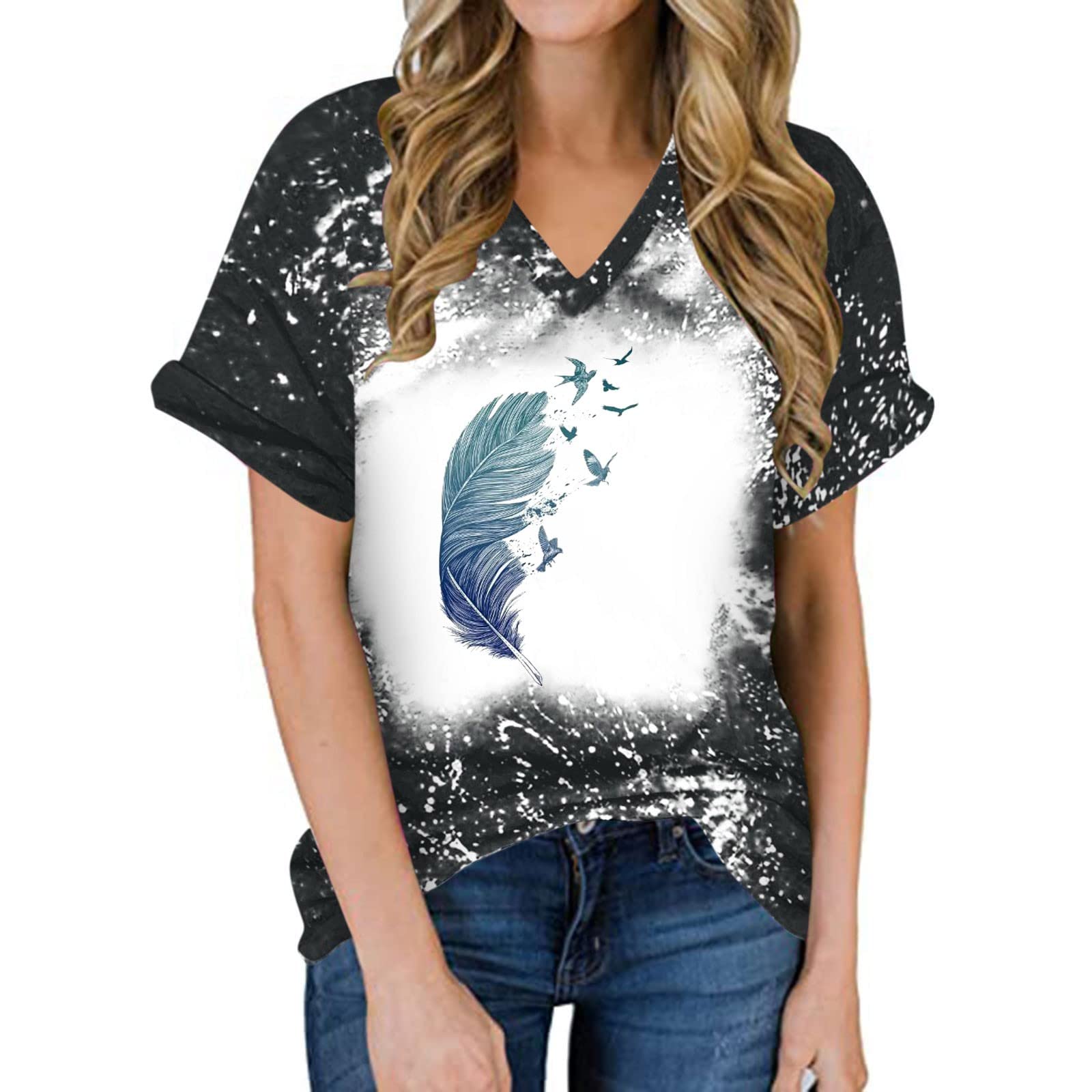 PADON Women's Tie Dye V-Neck Short Sleeve T-Shirt - Casual Loose Fit Summer Top with V-Back Design | Perfect for Beach Outings, Music Festivals & Everyday Wear
