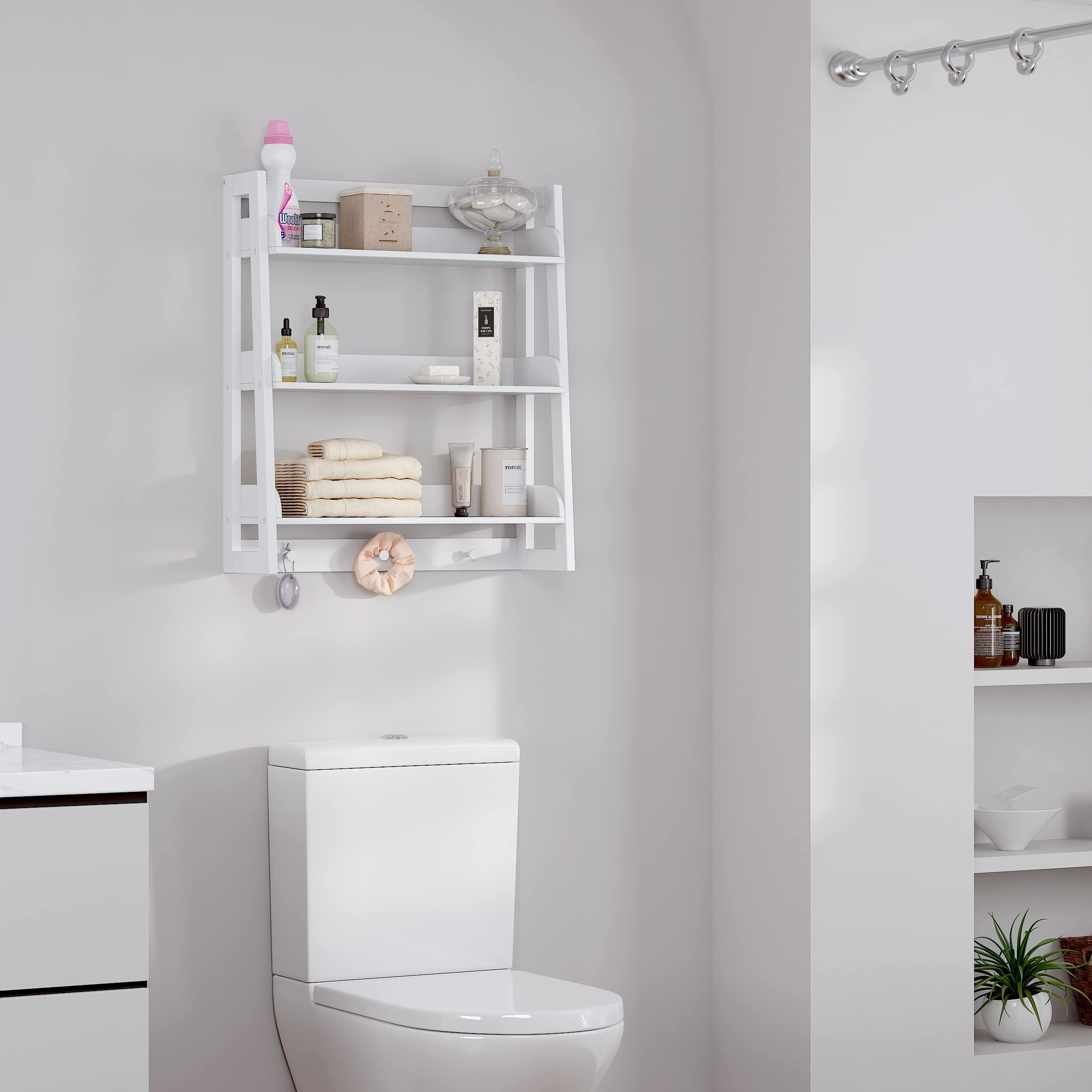 UTEX 3-Tier Over Toilet Storage Shelf Organizer - White Bathroom Wall Mount Shelf with Hooks for Towels & Toiletries | Space Saving Bathroom Organization Solution for Small Spaces