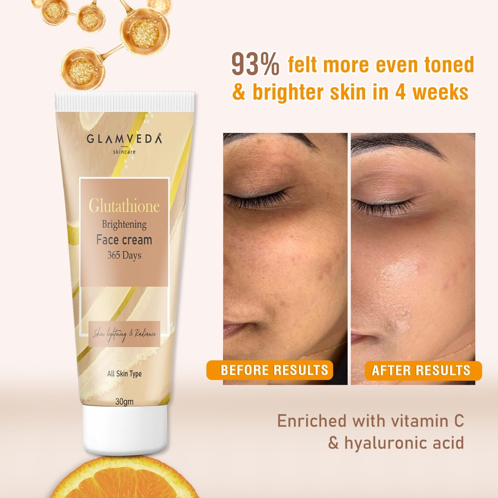 Glamveda Glutathione Face Cream with Vitamin C & Gold Dust - Dark Spot & Hyperpigmentation Treatment for Brighter Skin | All Skin Types | 30g | Perfect for Daily Skincare Routine & Nighttime Use