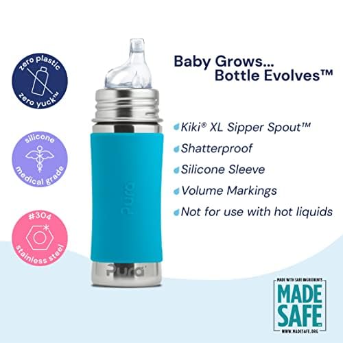 Pura Kiki 11oz/325ml Stainless Steel Sippy Cup with Insulated Sleeve | Plastic-Free, MadeSafe Certified | Medical-Grade XL Silicone Spout Fast Flow for Kids, Toddlers & Babies | Leak-Proof & BPA-Free | Perfect for Daycare, Travel & Outdoor Activities - Moss Green