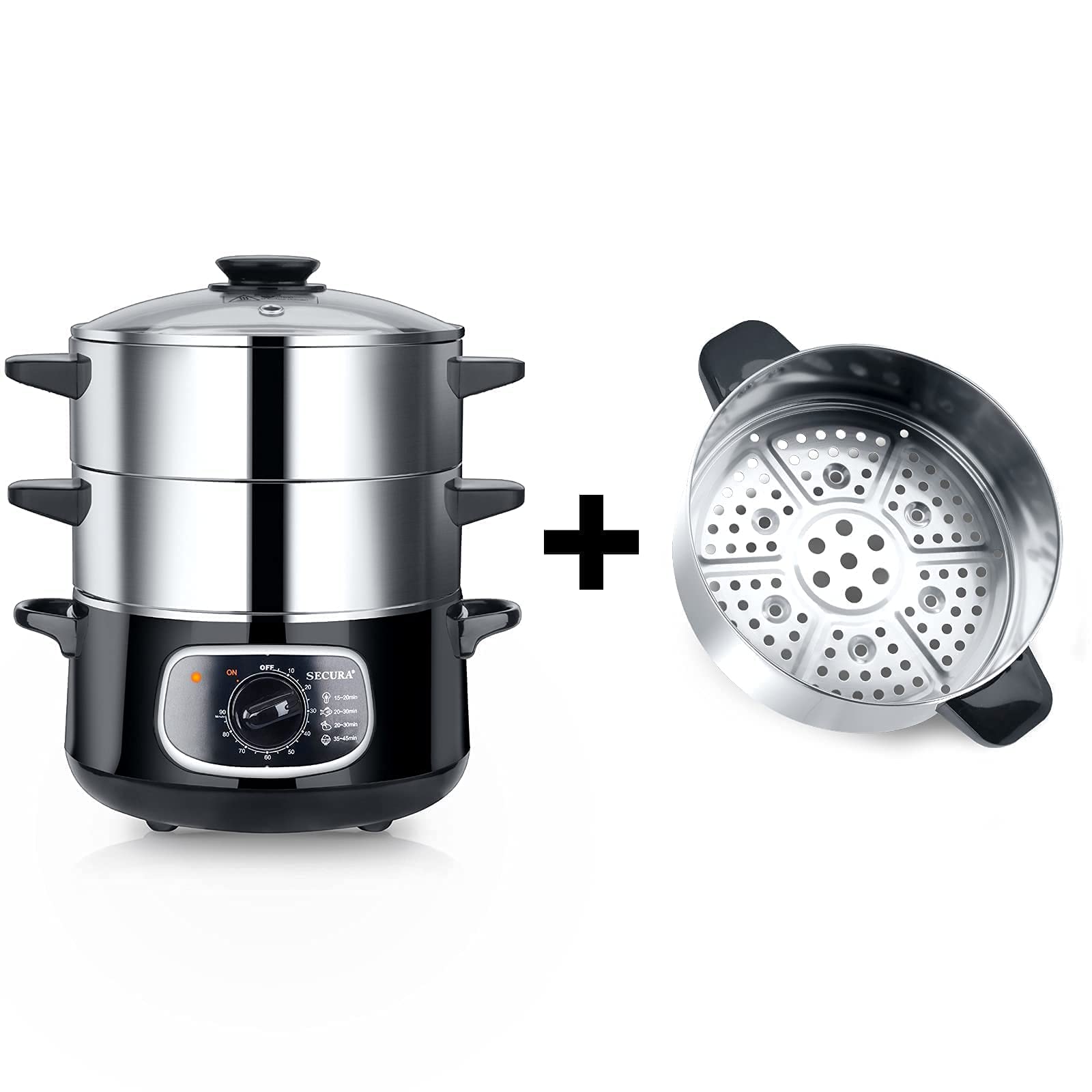 Secura 3-Tier Stainless Steel Food Steamer - Stackable Electric Steam Cooker with Timer for Vegetables, Dumplings & Seafood | Perfect for Healthy Cooking & Meal Prep