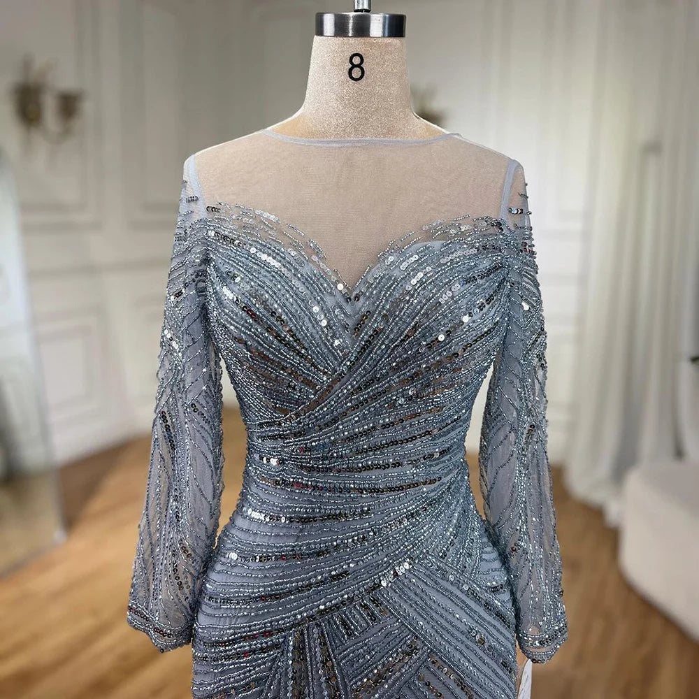 Luxury Gray Beaded Mermaid Evening Gown - Elegant Floor Length Muslim Party Dress for Women - Wedding, Prom, Gala & Special Occasions - Serene Hill Collection LA72295