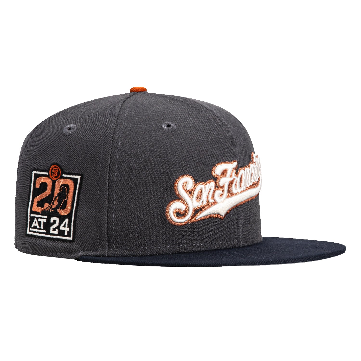 New Era 59Fifty San Francisco Giants 20th Anniversary Stadium Patch Script Hat - Graphite, Navy & Burnt Orange - Perfect for Baseball Games, Fan Collections & Streetwear Fashion