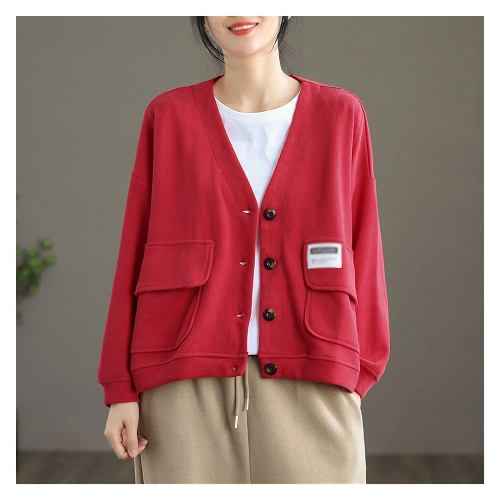 Spring Women's Long Sleeve Loose Fit Short Coat - Double Pocket V-Neck Single Breasted Casual Jacket (Color A, Size L) - Perfect for Office Wear, Daily Outfits & Spring Outings