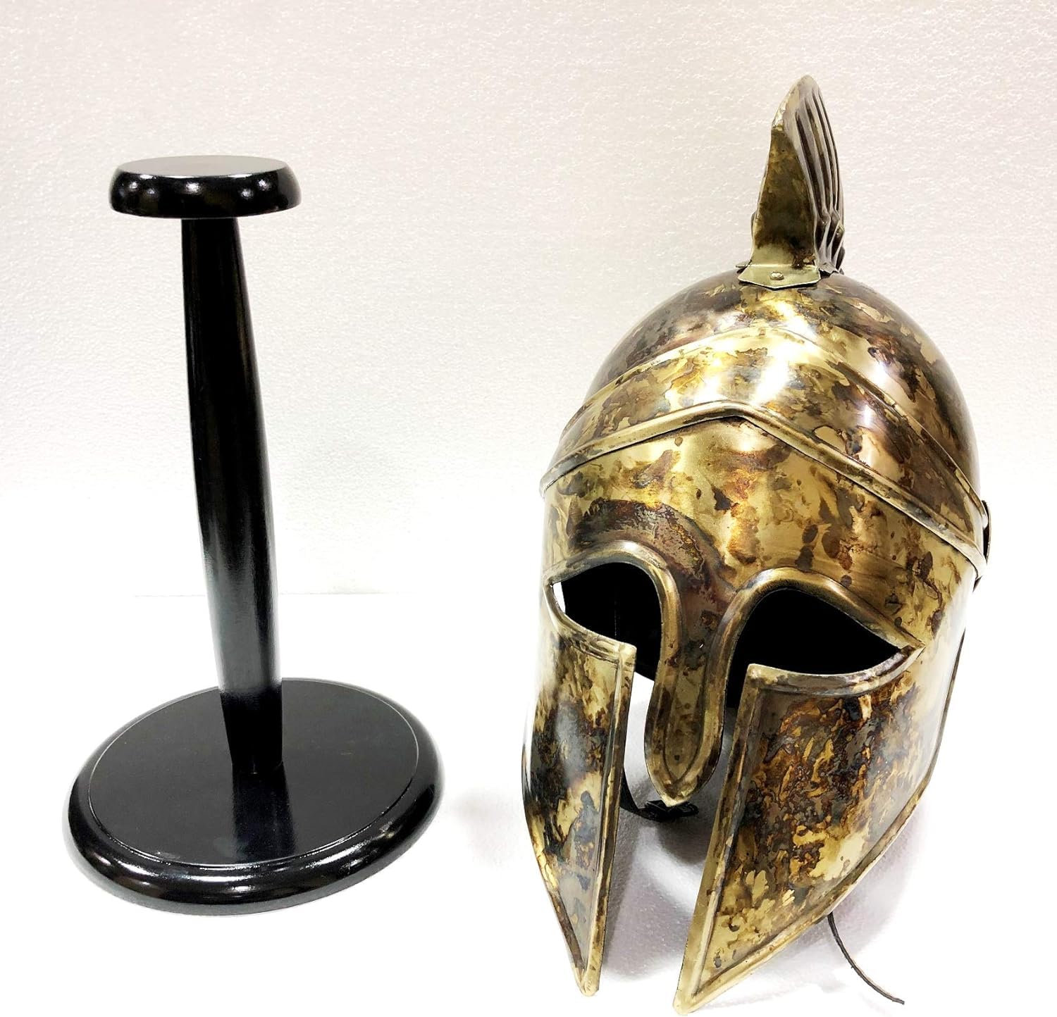 Antique Queen Medieval Armor King Leonidas Greek Spartan 300 Roman Helmet with Wooden Stand - Gold Plated Collectible for Home Decor, Cosplay & Historical Reenactment