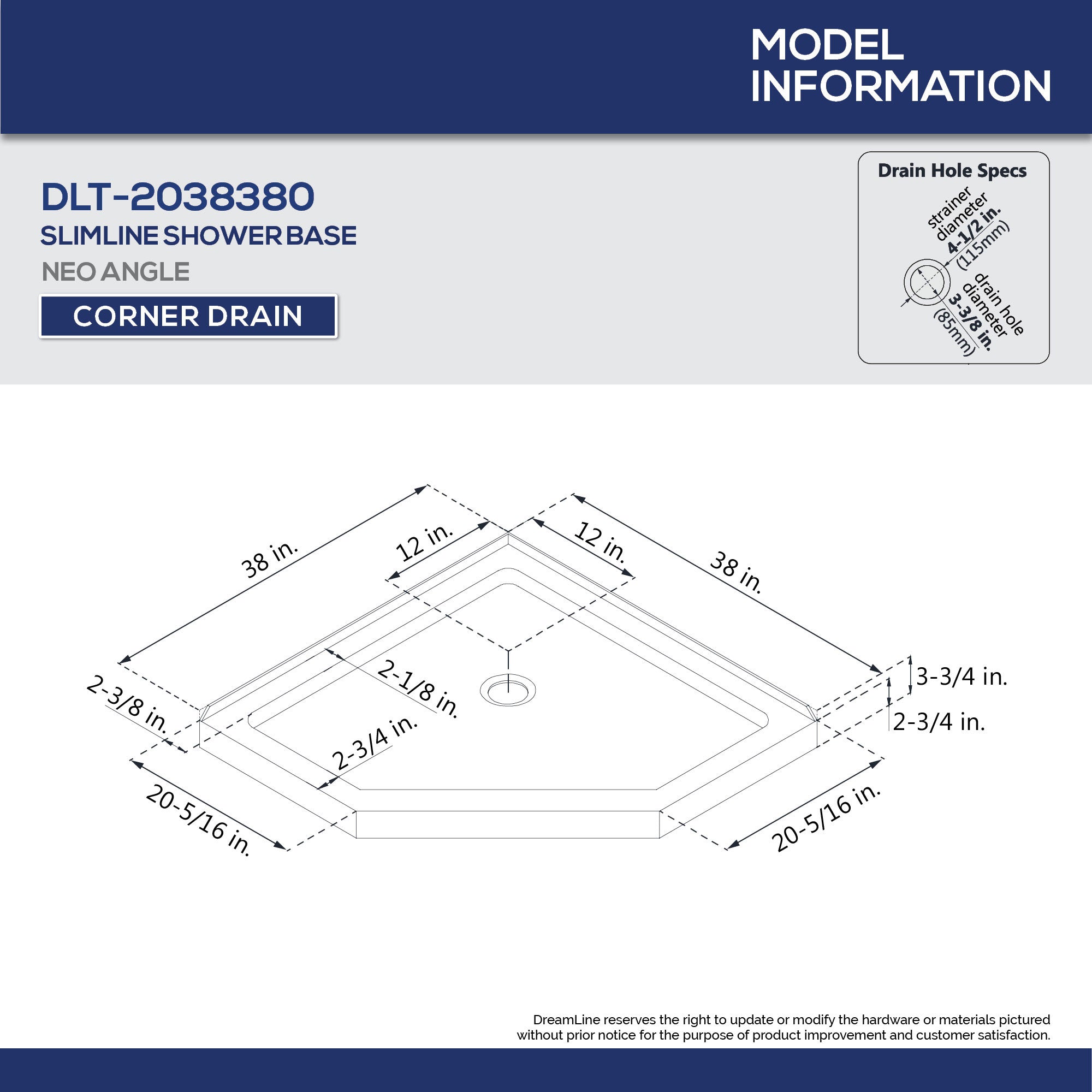 DreamLine 38x38x75.6 Inch Neo Angle Shower Base with QWALL 2 Acrylic Backwall Kit - Space Saving Corner Shower Solution for Small Bathrooms & Modern Homes