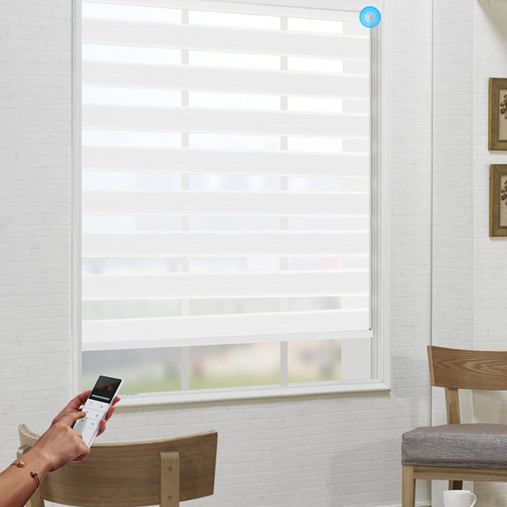 Smart Motorized Zebra Blinds - Alexa Compatible Window Shades (23-95 Inch Adjustable Width) | Cordless Dual Layer Light Filtering & Blackout Shades | Custom Size for Living Room, Bedroom & Home Office (White) - Perfect for Modern Smart Homes & Sun Protection
