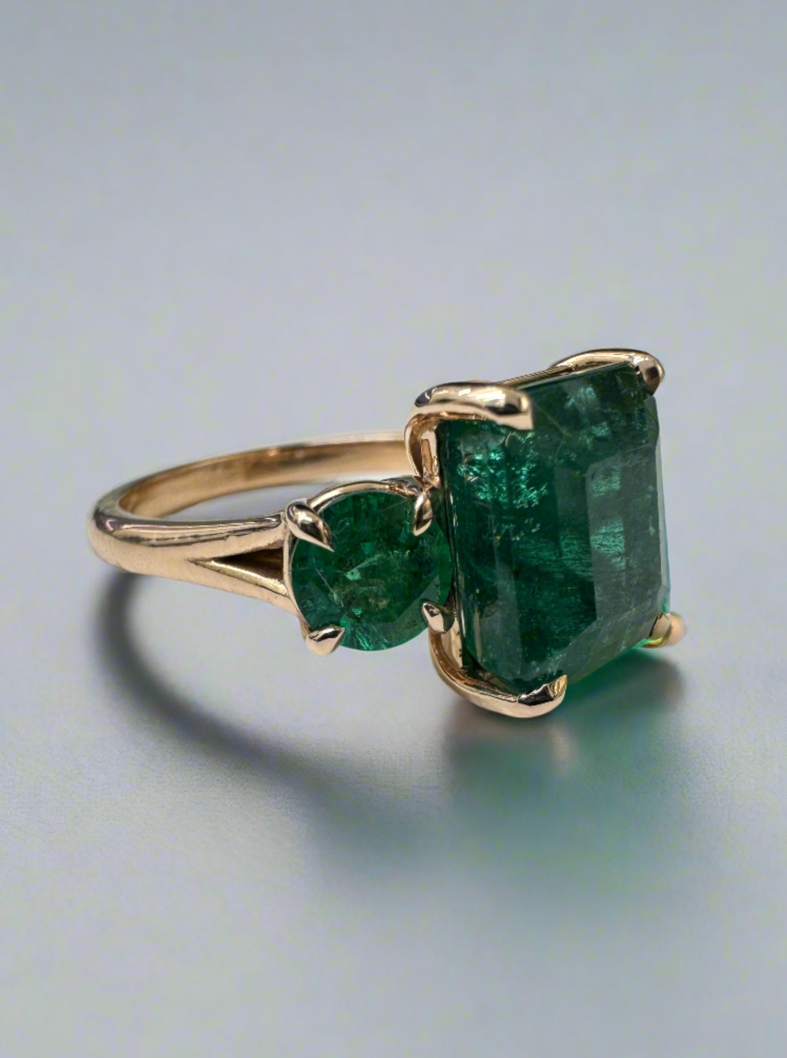 6.90tcw Natural Emerald Gemstone - Emerald Cut & Round Cut Three Stone 14K Rose Gold Engagement Ring for Women | Elegant Wedding, Anniversary & Proposal Jewelry Gift