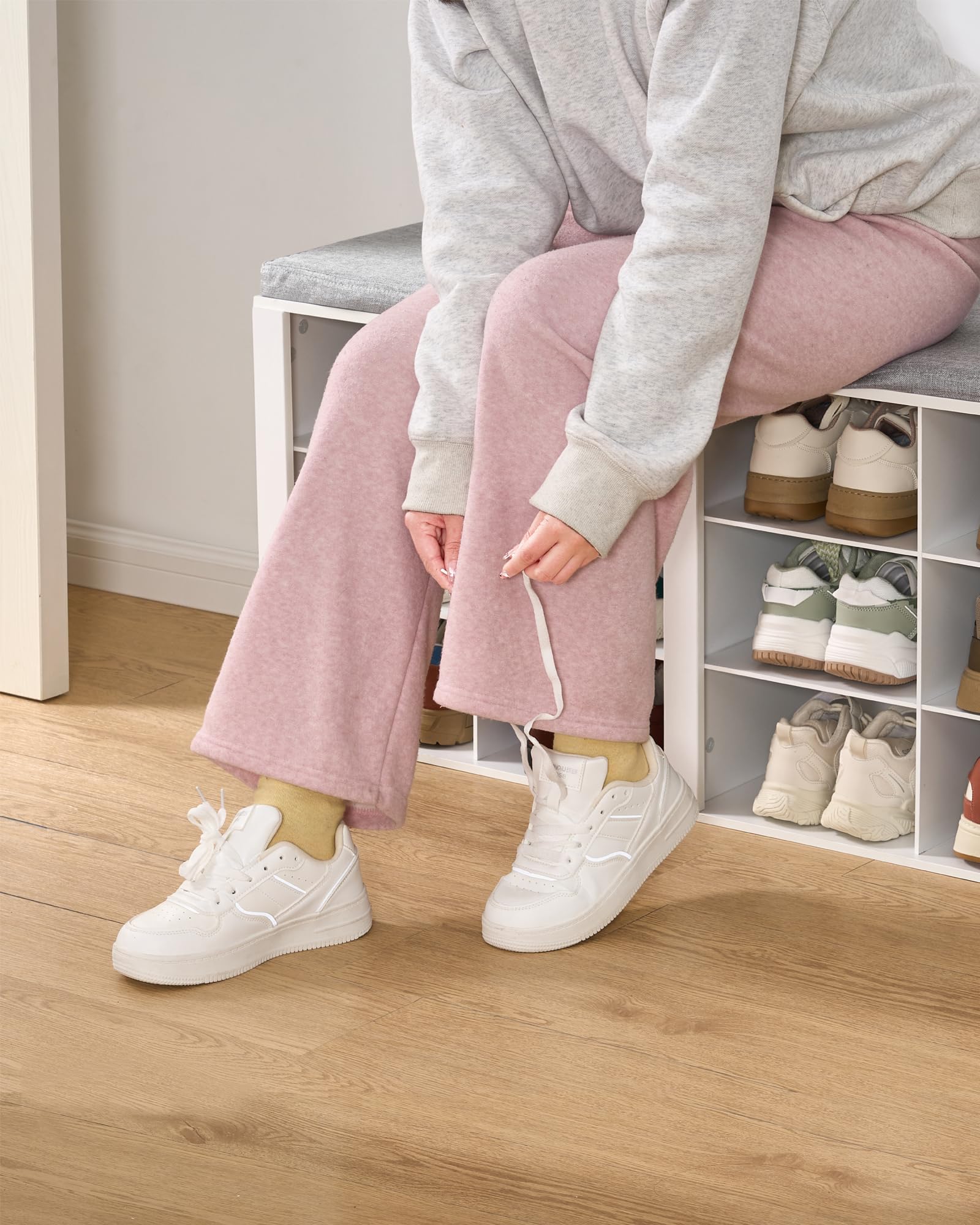 White Shoe Bench with Cushion - 12-Cubby Entryway Storage Bench with Adjustable Shelves | Shoe Organizer Cabinet for Living Room, Bedroom & Hallway | Perfect for Small Spaces, Apartment Entry & Shoe Storage Solutions