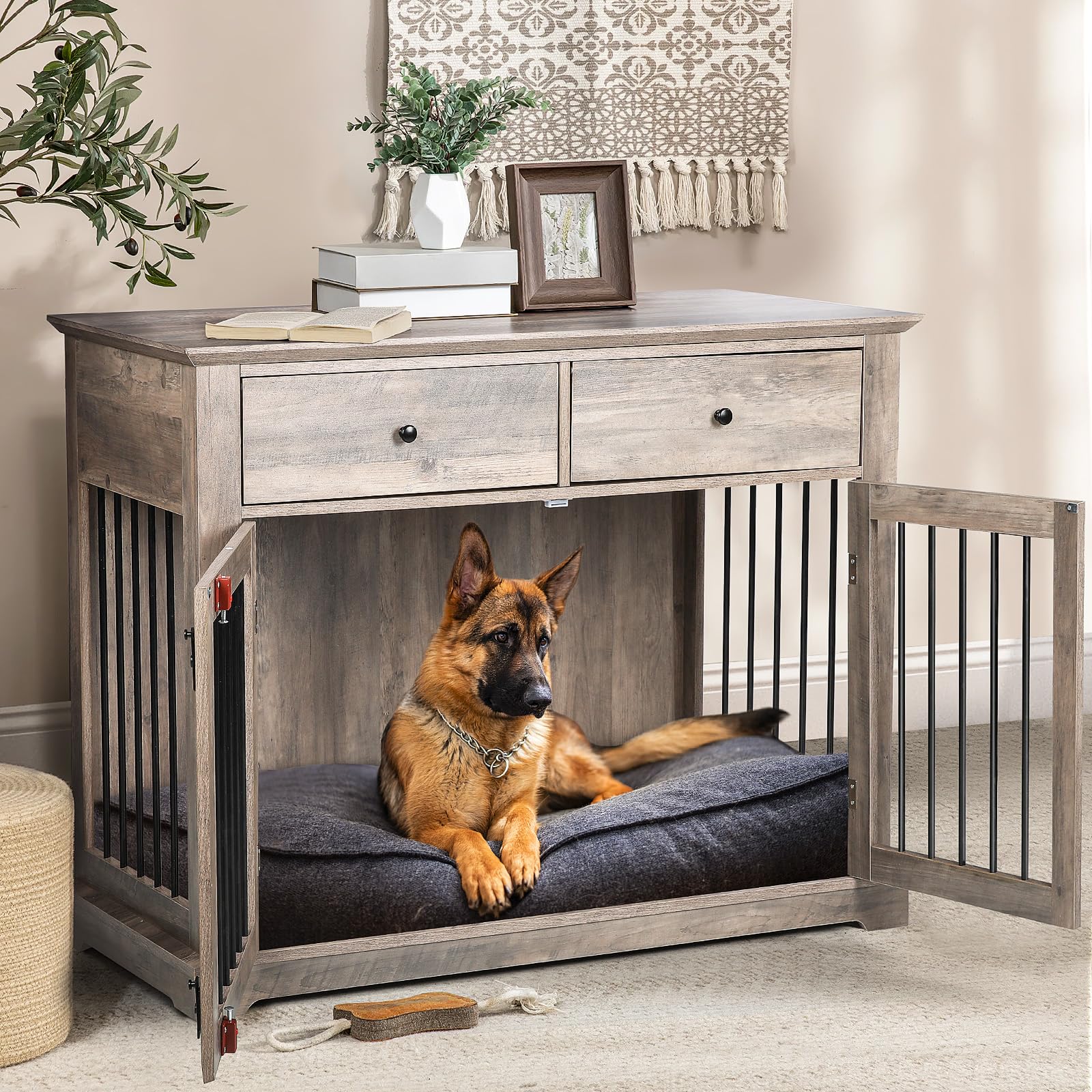 **LEMBERI 44 Inch Large Dog Crate Furniture – Wooden Dog Kennel End Table with Storage Drawers – Stylish Indoor Pet House for Large Dogs (Gray) – Perfect for Living Room, Bedroom & Home Decor**