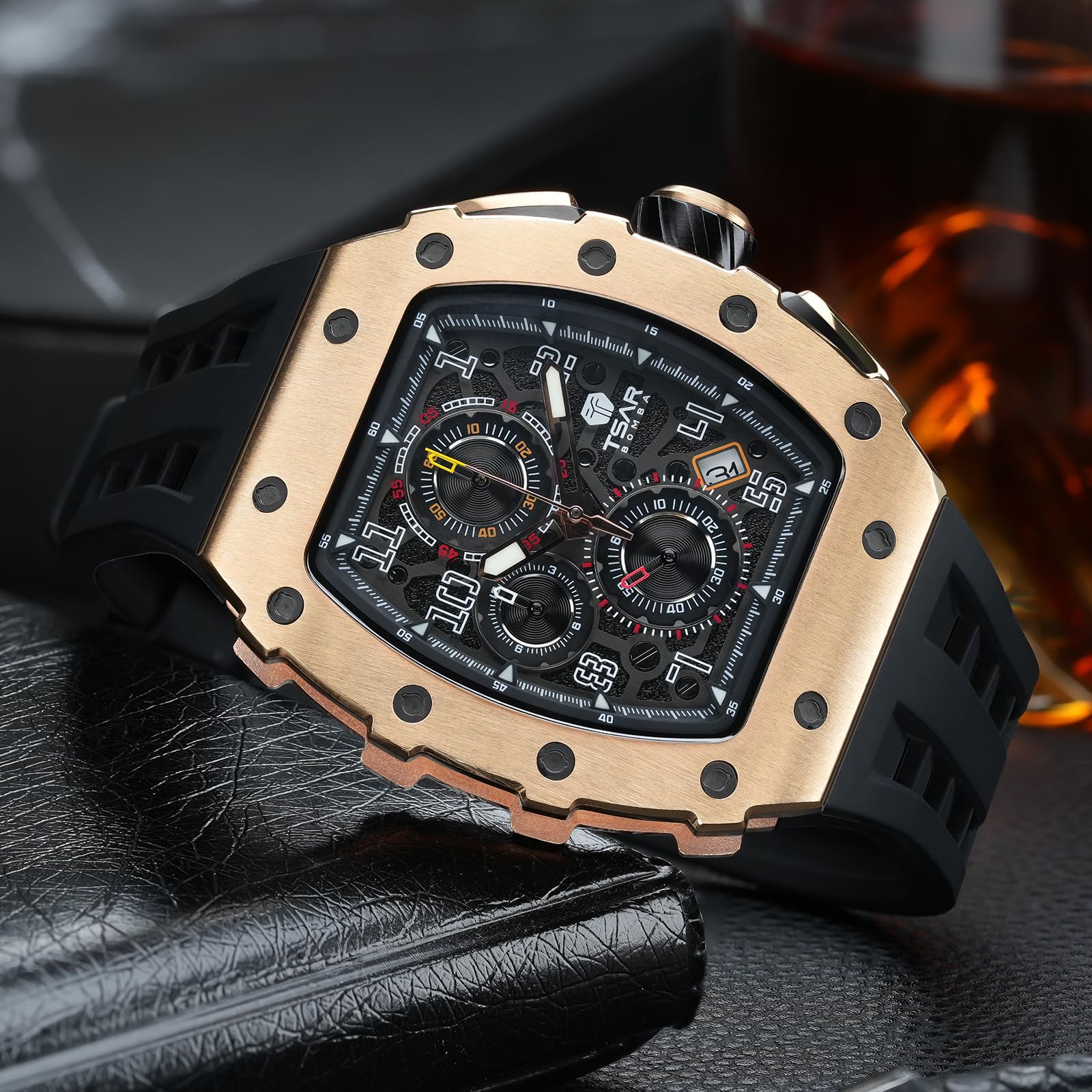 TSAR BOMBA Luxury Men's Watch - 50M Waterproof Tonneau Chronograph with Japanese Quartz Movement & Silicone Band - Perfect for Business, Casual & Outdoor Activities - Great Gift for Men