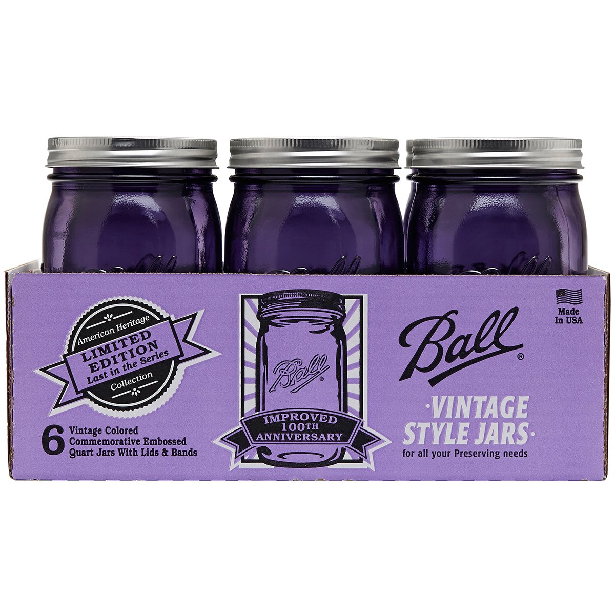 Ball Heritage Collection Quart Mason Jars with Lids and Bands - Set of 6 Purple Glass Canning Jars for Preserving, Pickling, and DIY Home Decor