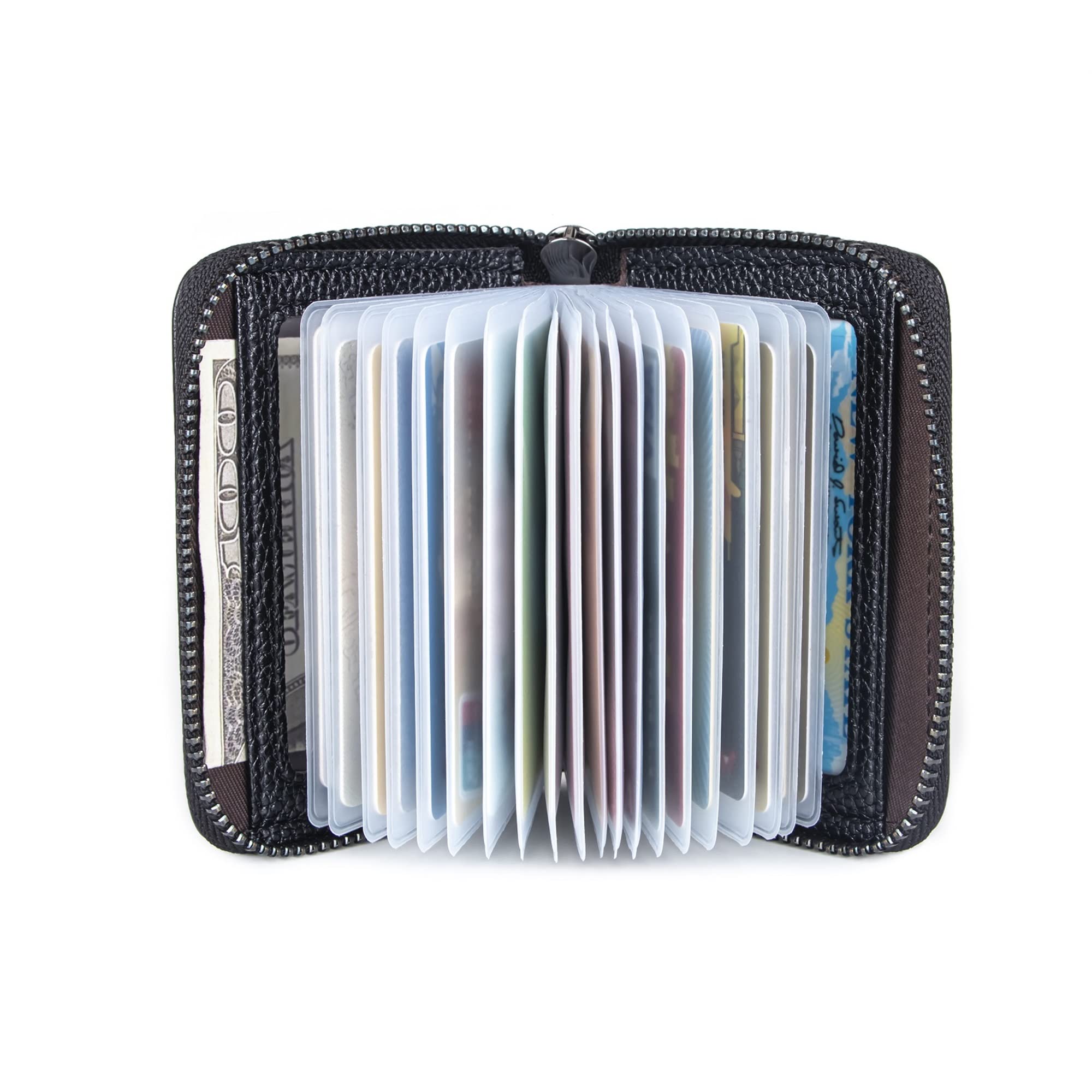 Genuine Leather RFID Blocking Credit Card Holder Wallet - Secure ID Card Case with Zipper Organizer (Black) - Perfect for Travel, Business & Everyday Use