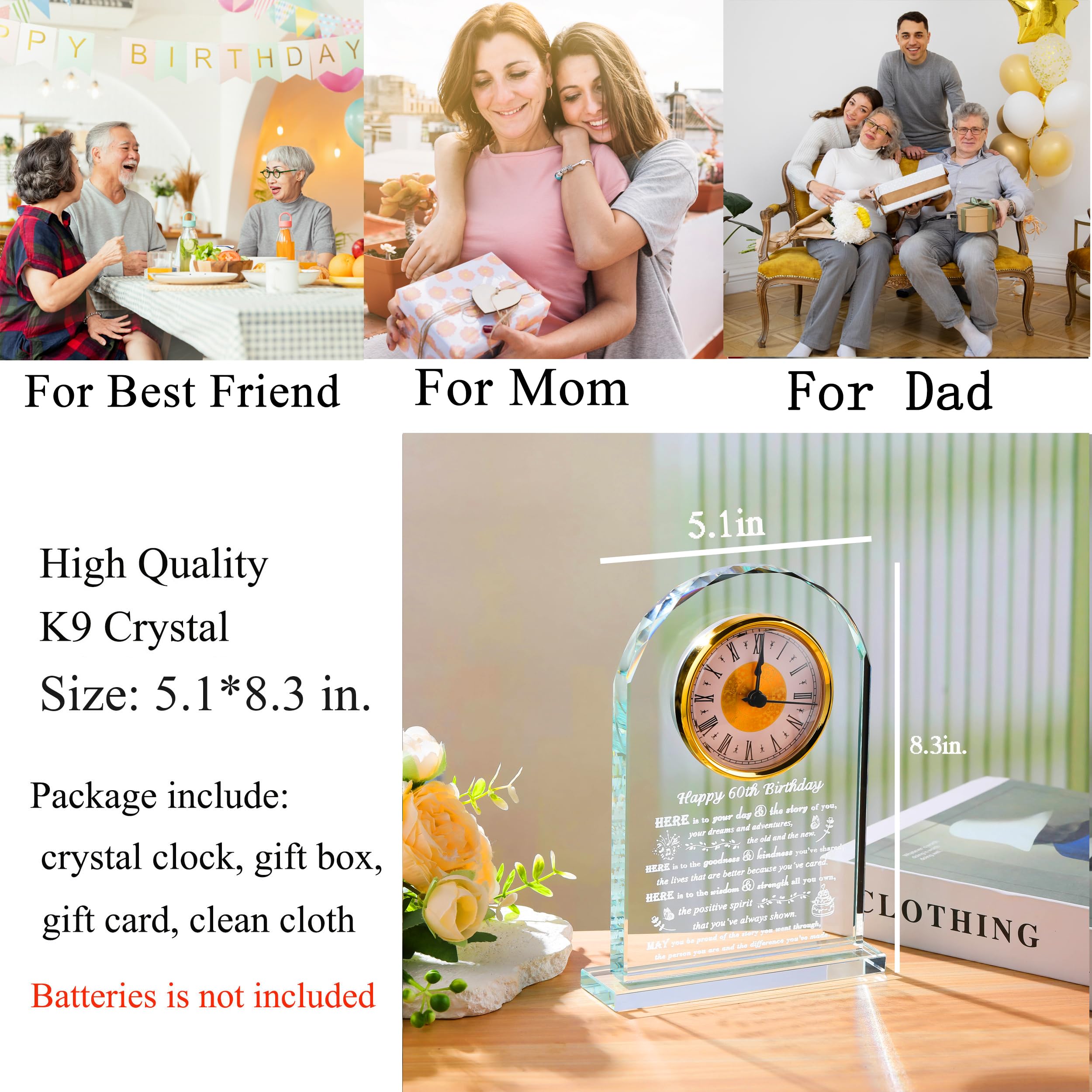 Personalized 60th Birthday Crystal Clock Gift for Women & Men - Custom Engraved 1964 Keepsake for Mom, Dad, Her or Him - Unique 60 Year Old Birthday Present Ideas - Perfect for Anniversary, Retirement & Milestone Celebrations