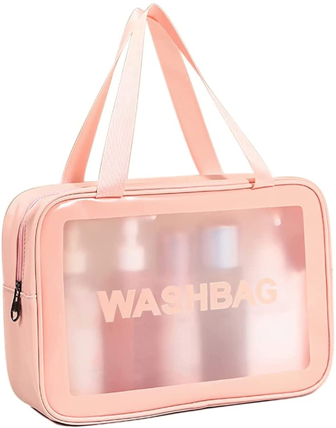 Paczo Large Clear Travel Toiletry Bag - Waterproof PVC Cosmetic Organizer with Transparent Design for Men & Women (Pink) - Perfect for Air Travel, Gym, Beach & Daily Makeup Storage