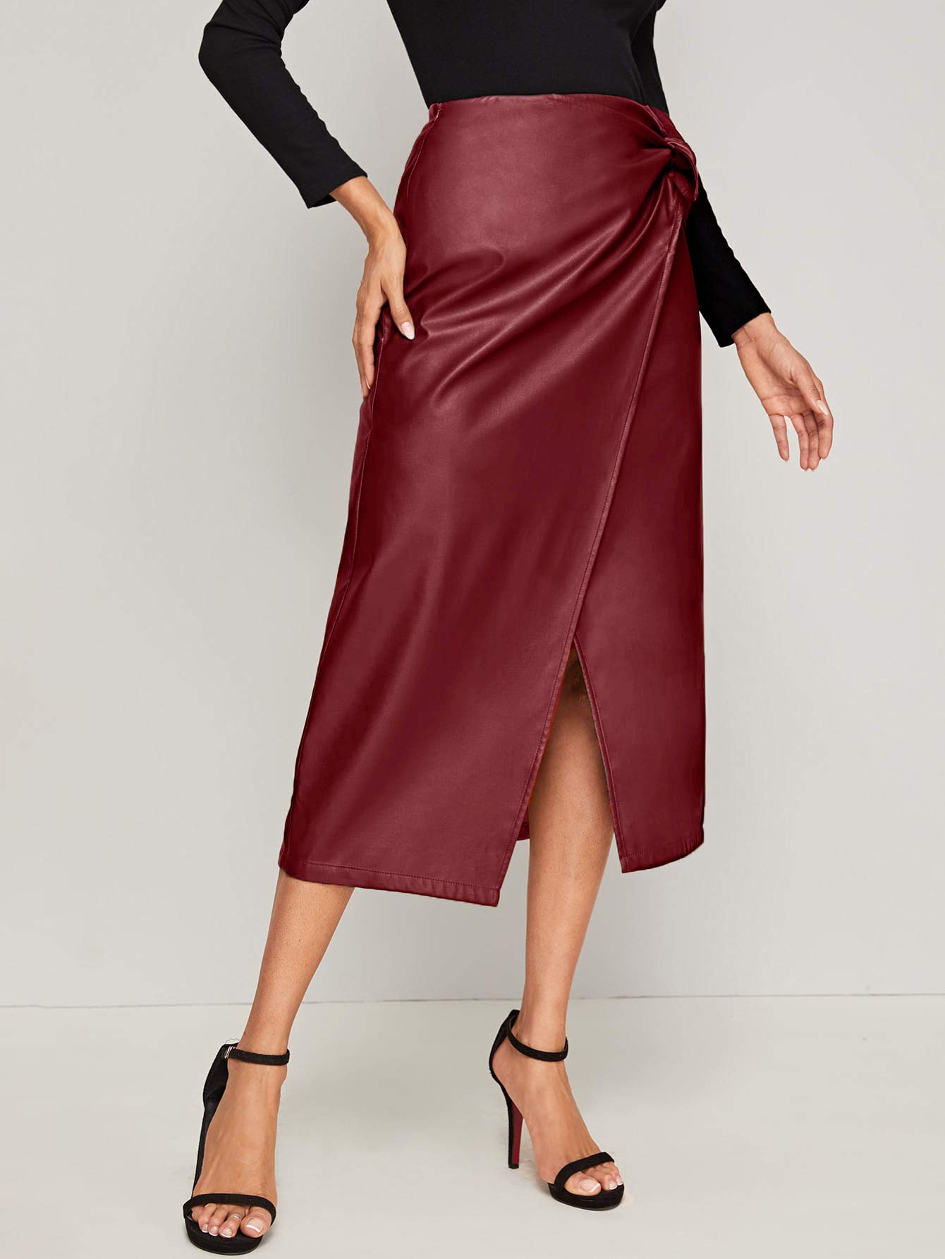 SweatyRocks Women's High Waist PU Leather Midi Skirt - Elegant Tie Knot Wrap Design for Office, Party & Date Night Outfits
