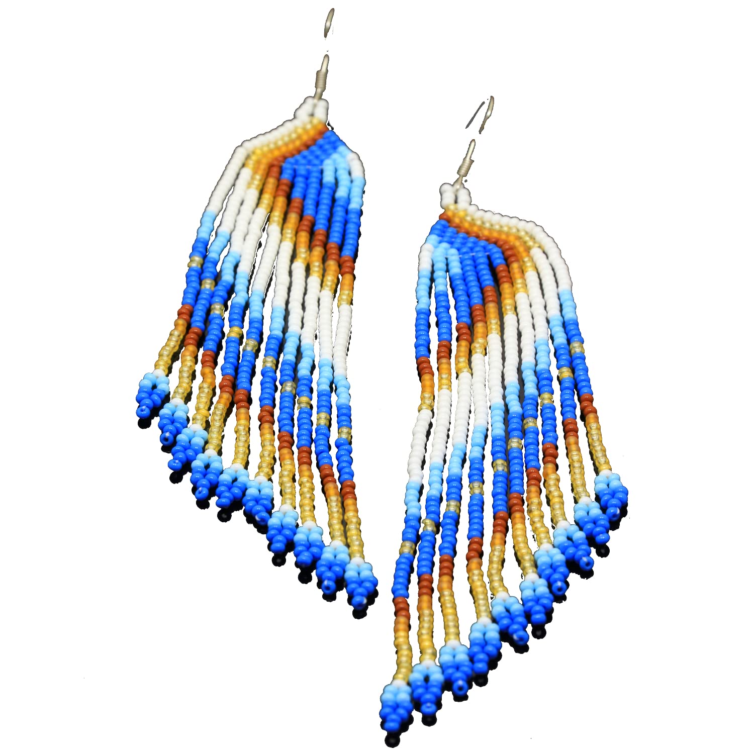 Handmade Blue Beaded Dangling Earrings – Extra Long Native American Style Boho Tribal Jewelry with Seed Bead Tassel Fringe | Perfect for Festivals, Boho Fashion & Cultural Events
