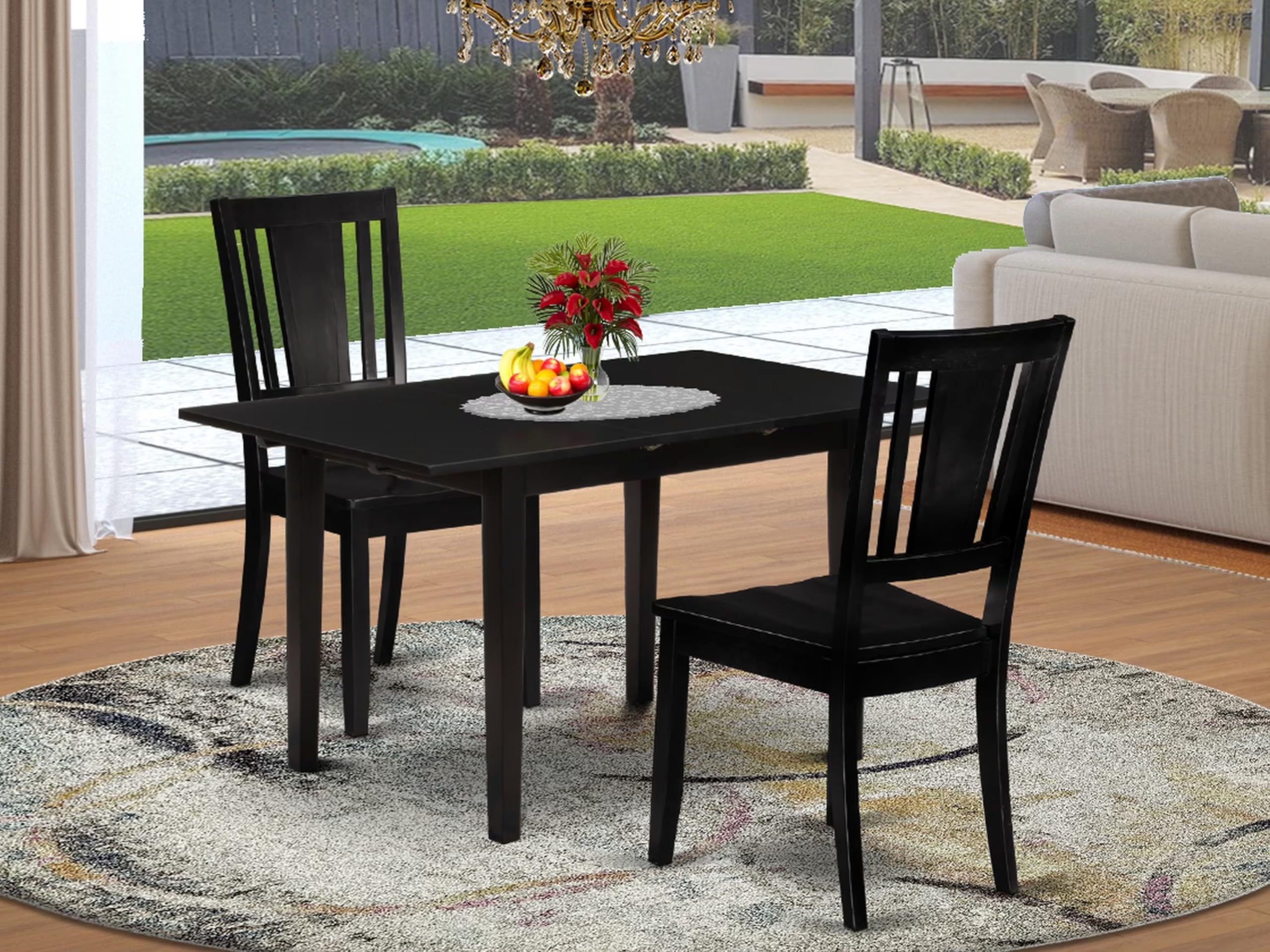 East West Furniture NODU3-BLK-W 3-Piece Black Dining Room Table Set with Butterfly Leaf Extension - 32x54 Inch Rectangle Kitchen Table & 2 Matching Chairs | Perfect for Small Spaces, Breakfast Nooks & Compact Apartments