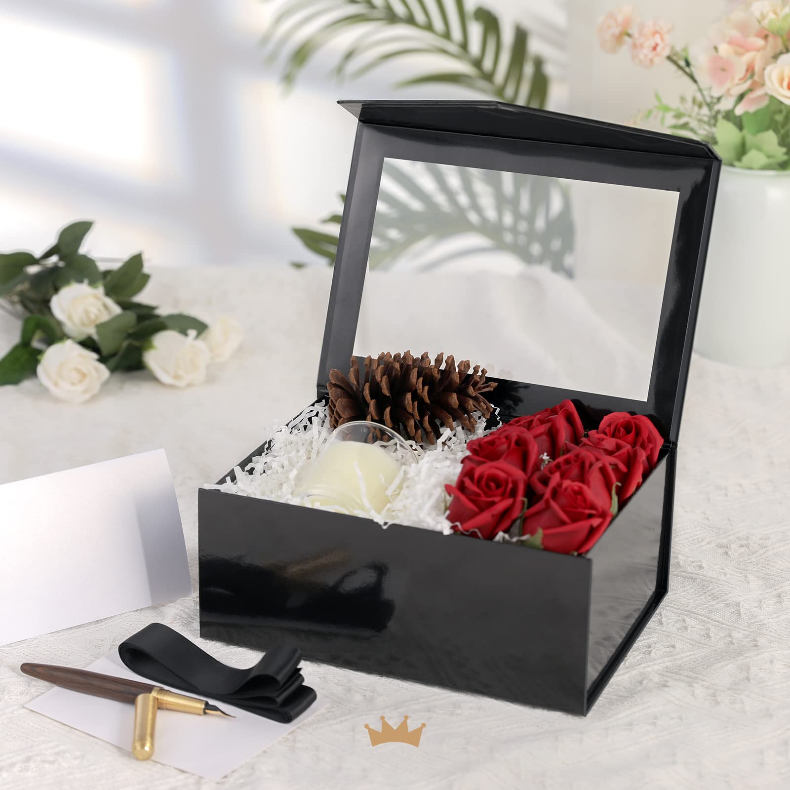 Premium Black Gift Box with Clear Window - 9x6.5x3.8 Inches Magnetic Closure Present Box Includes Ribbon & Card - Groomsmen Proposal Box, Birthday Gifts, Wedding Favors, Jewelry Packaging - Elegant Glossy Finish for Special Occasions