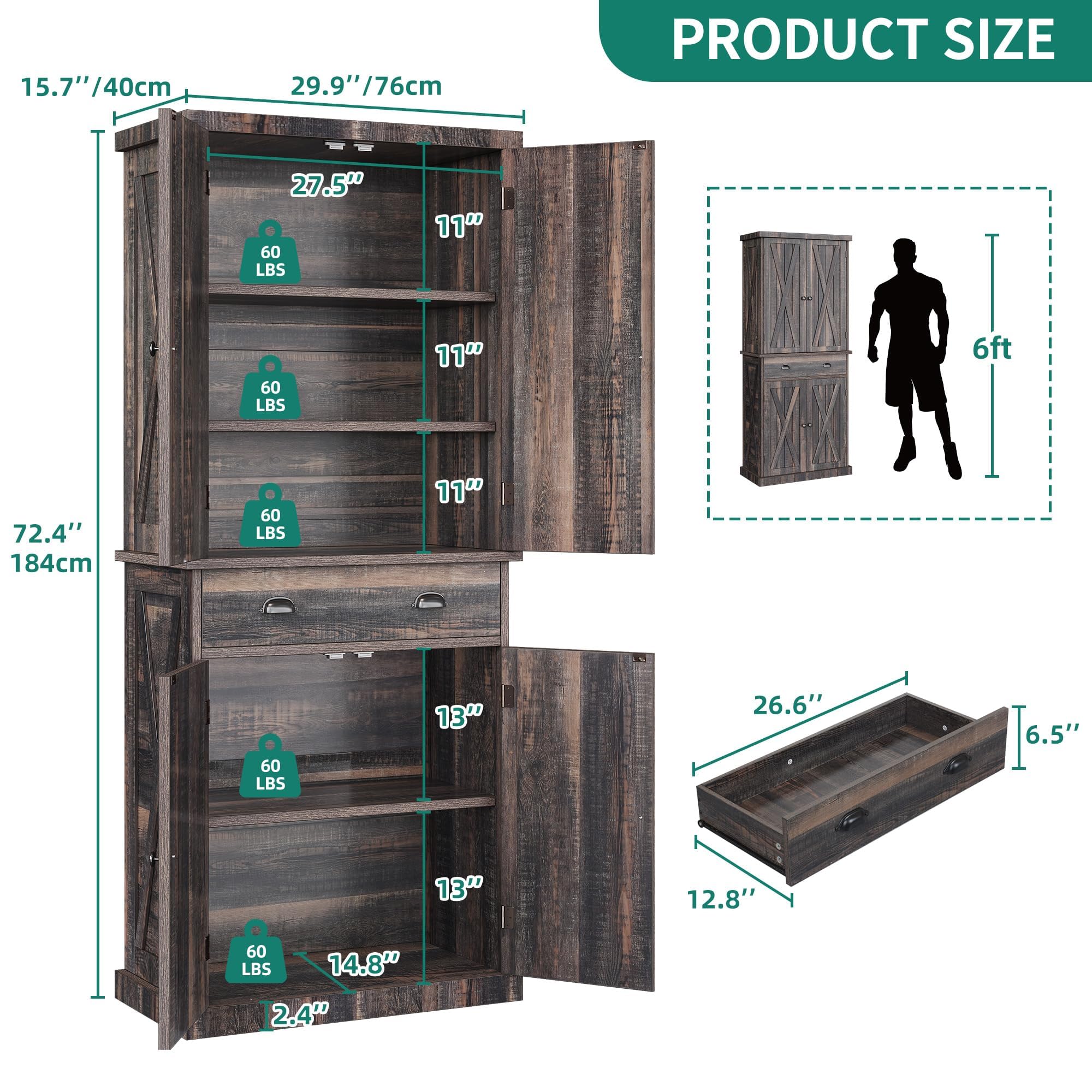 YITAHOME 72'' Farmhouse Kitchen Pantry with Drawer & Adjustable Shelves, Dark Rustic Oak Wood Storage Cabinet for Kitchen, Dining Room, Living Room, Perfect for Organizing Dishes, Food, and Home Decor
