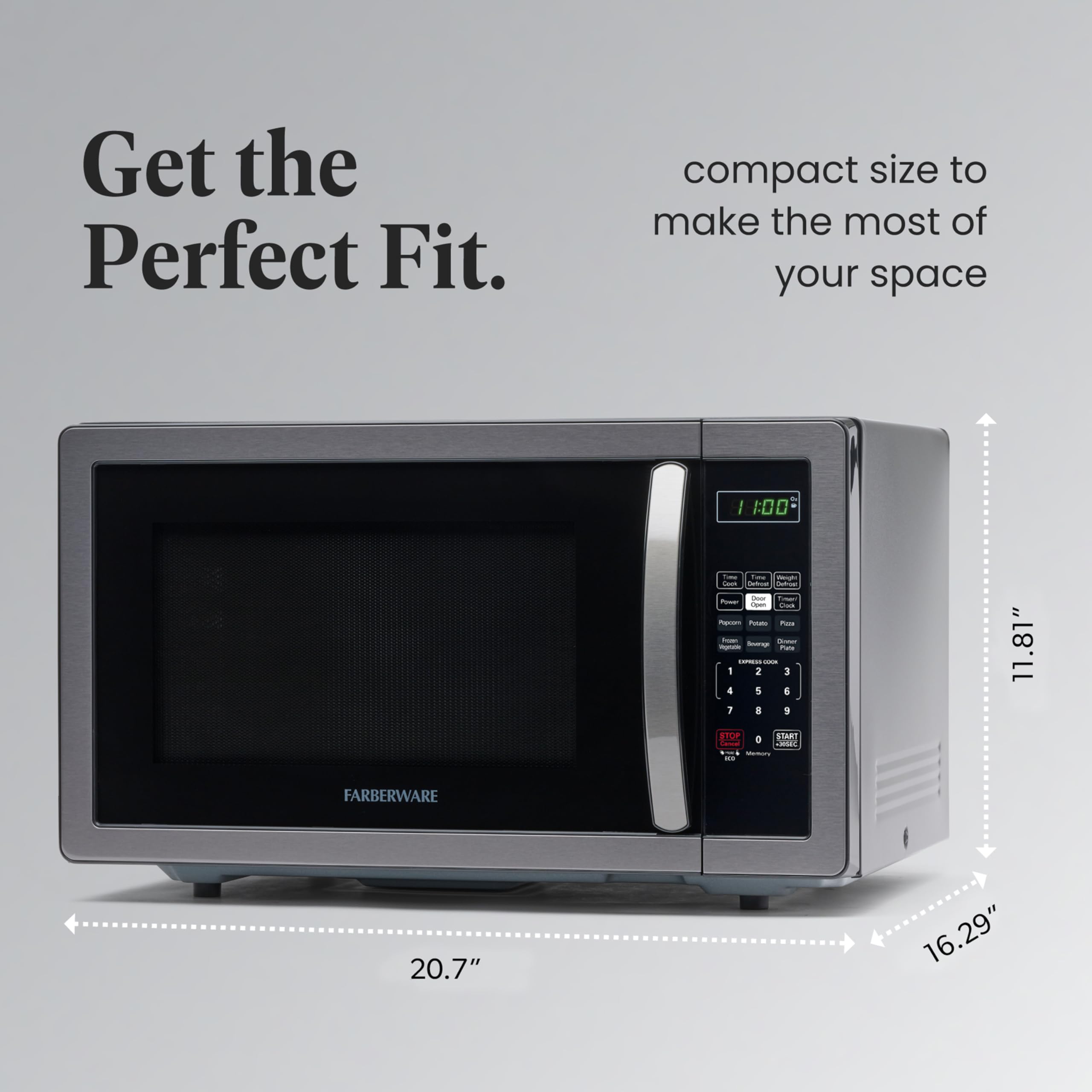 Farberware 1.1 Cu Ft 1000W Countertop Microwave Oven with LED Lighting & Child Safety Lock - Black Stainless Steel - Easy to Clean - Compact Microwave for Small Kitchens, Apartments, Dorms & Office Break Rooms