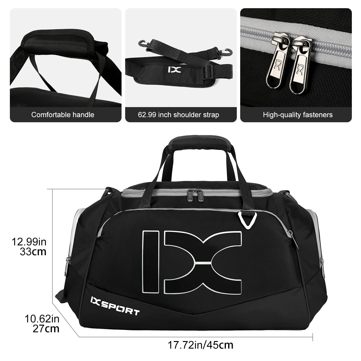 **INOXTO 40L/55L Waterproof Gym Bag for Men & Women - Sports Duffel with Wet/Dry Pocket & Shoe Compartment - Ideal for Fitness, Swimming, Travel & Workout (Black/White, 40L)**