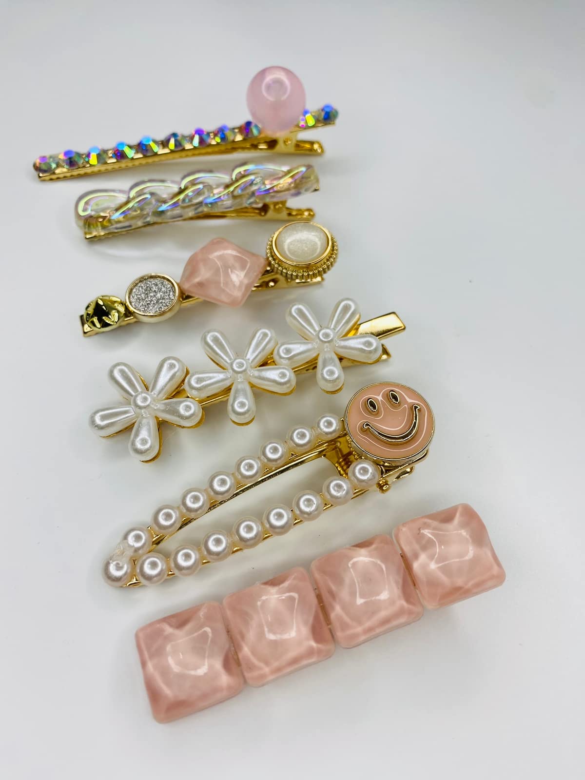 COSMOS STAR™ Korean Style Acrylic Hair Clips - White Pearl & Pink Stone Barrettes for Women, Girls Hair Accessories | Wedding, Party, Office & Daily Use Hair Styling Tools