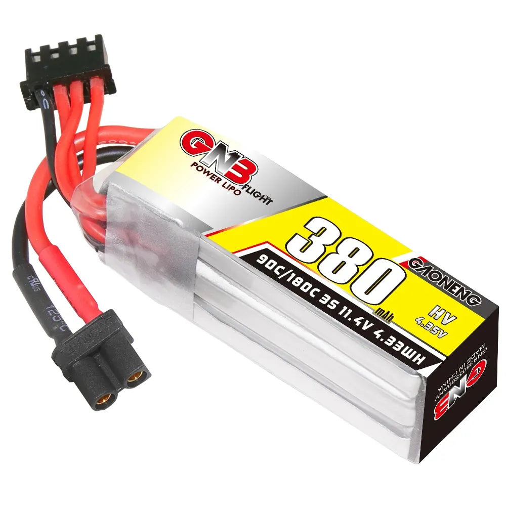 High-Performance GAONENG GNB LiHV 3S 11.4V 380mAh 90C XT30 LiPo Battery Pack (2-Pack) for RC Drones, FPV Racing, and Mini Quadcopters - Long Lasting Power Solution