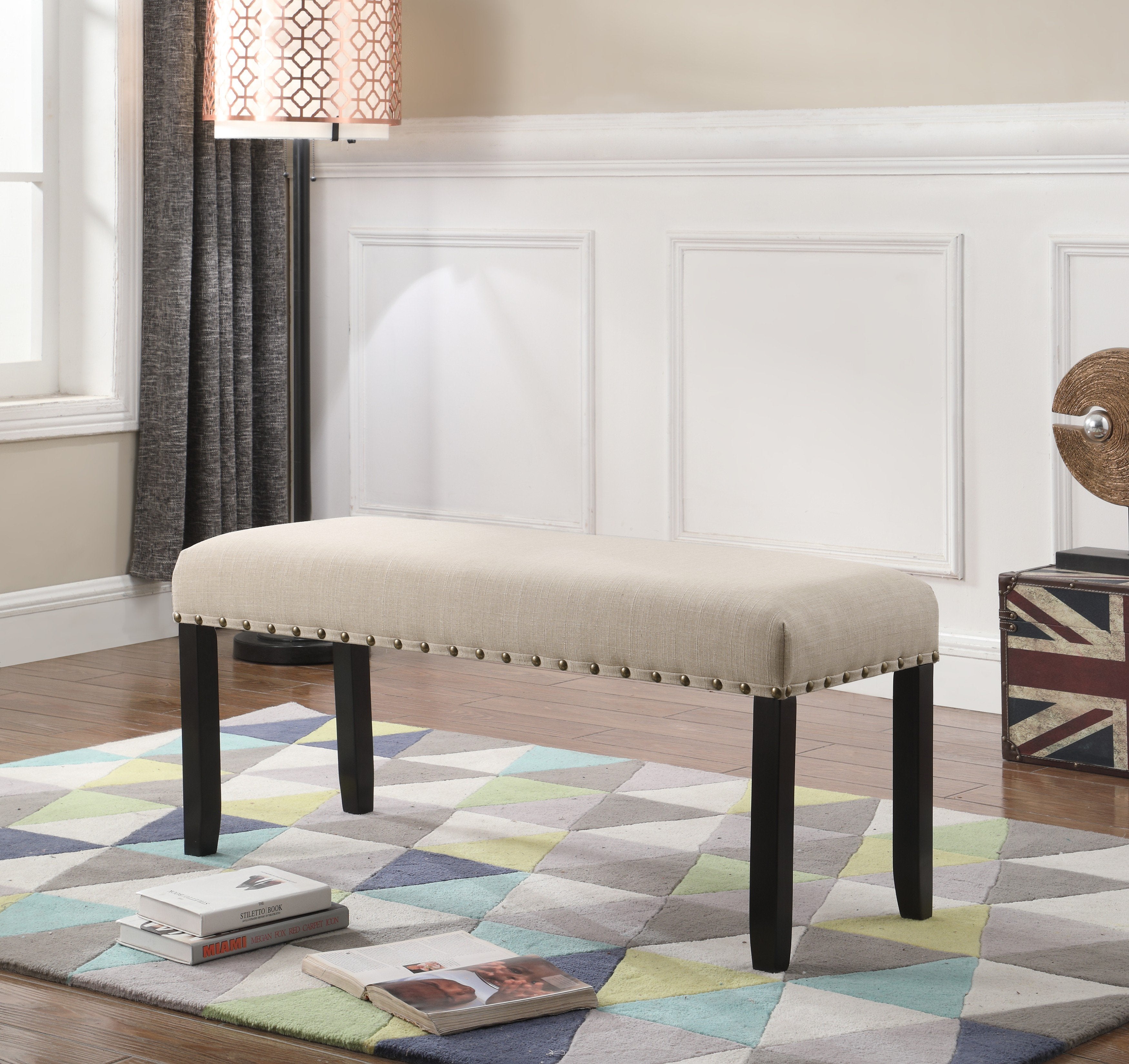 Roundhill Furniture Biony Fabric Dining Bench with Nailhead Trim, Tan - Upholstered Kitchen Bench for Dining Room, Breakfast Nook & Entryway Seating